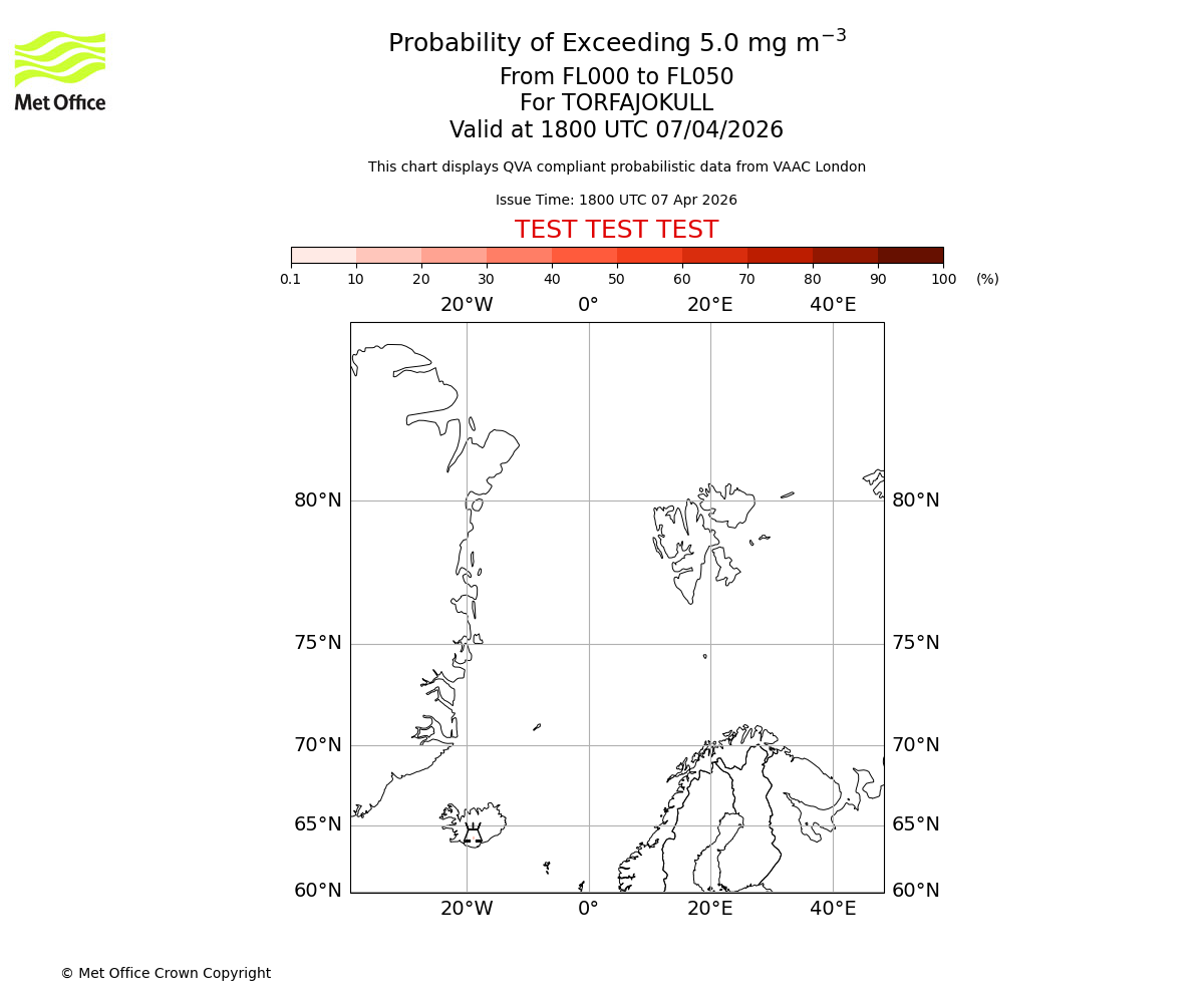 Probability of exceeding 5.0 milligrams per metre cubed. From 000 to 050 for TORFAJOKULL. Valid at 1800 UTC 07/04/2026