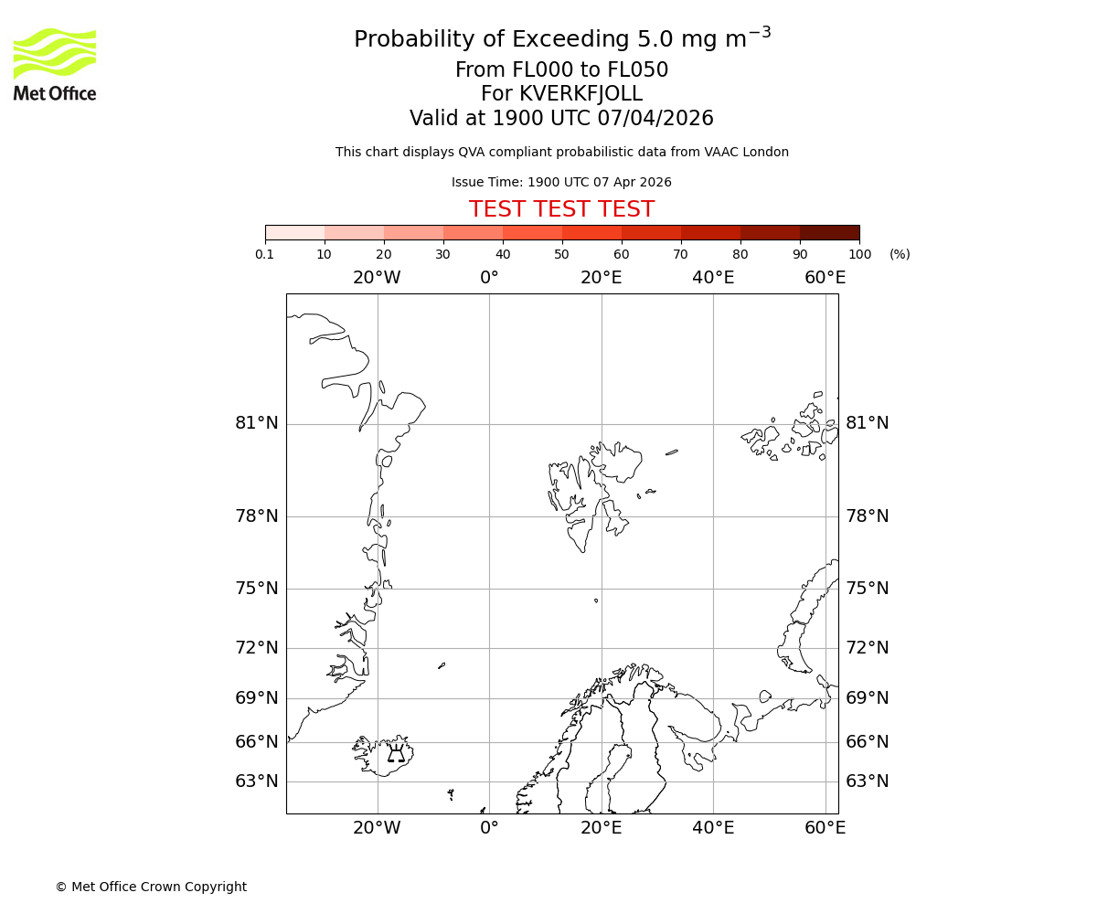 Probability of exceeding 5.0 milligrams per metre cubed. From 000 to 050 for KVERKFJOLL. Valid at 1900 UTC 07/04/2026