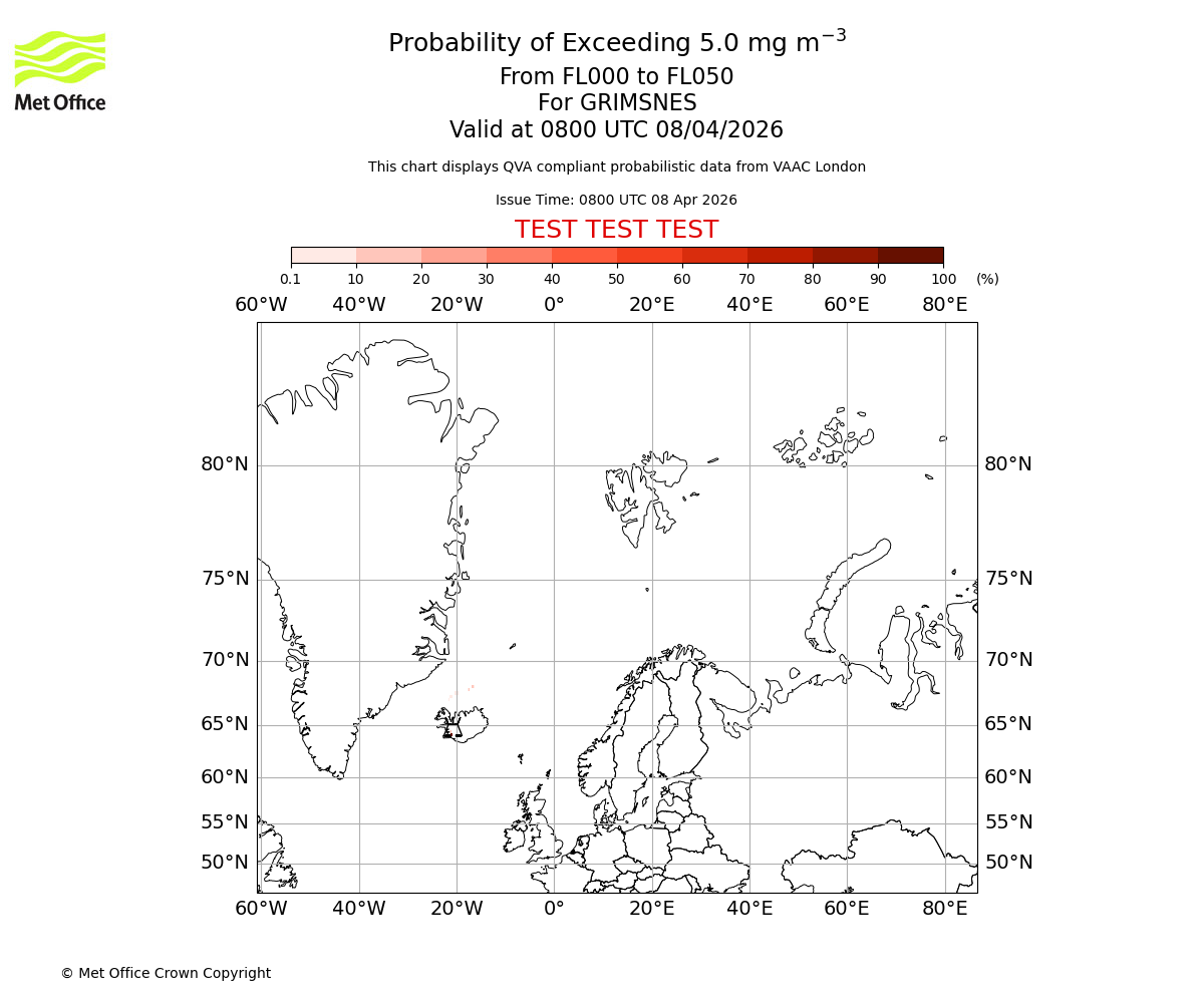 Probability of exceeding 5.0 milligrams per metre cubed. From 000 to 050 for GRIMSNES. Valid at 0800 UTC 08/04/2026