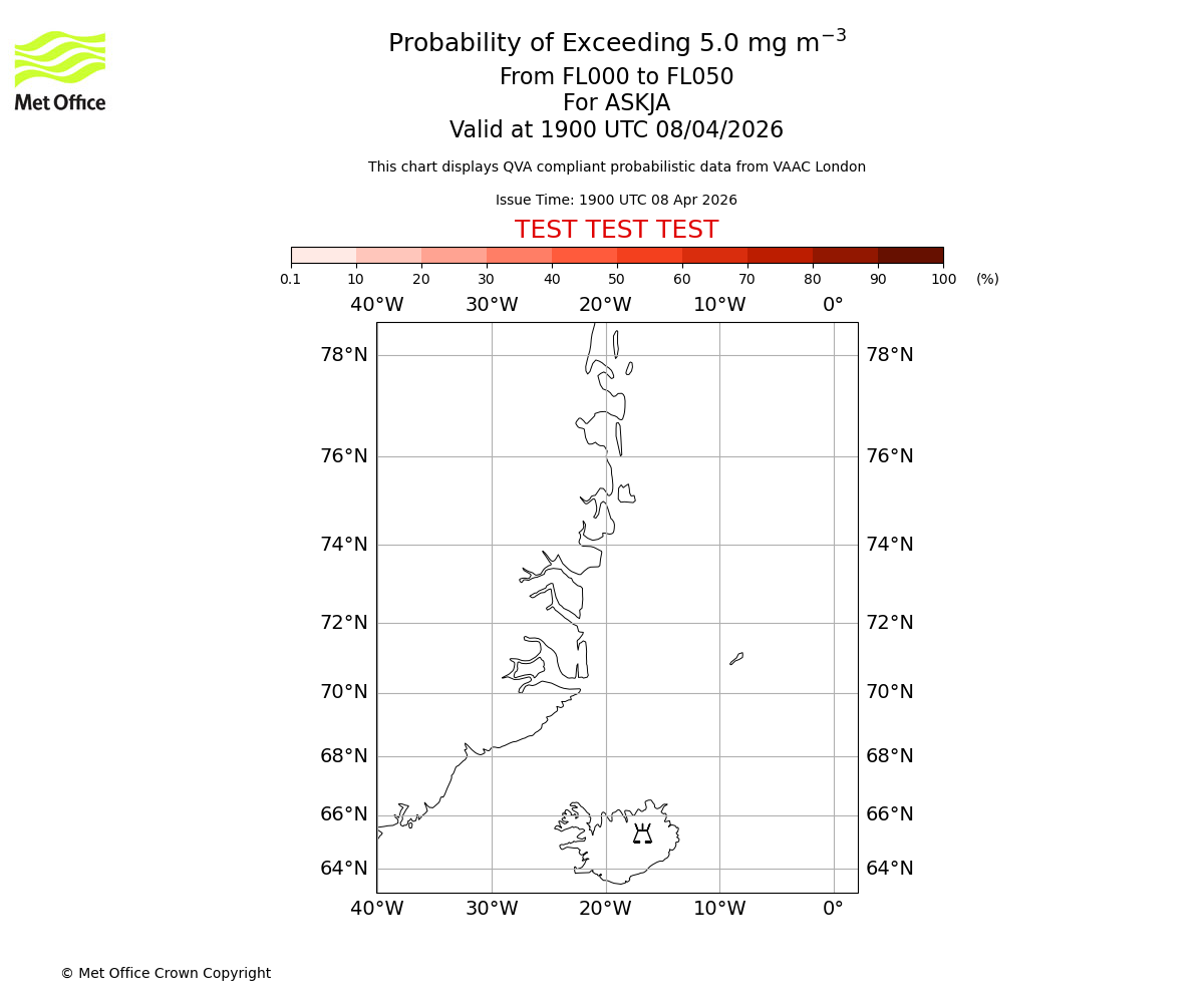 Probability of exceeding 5.0 milligrams per metre cubed. From 000 to 050 for ASKJA. Valid at 1900 UTC 08/04/2026