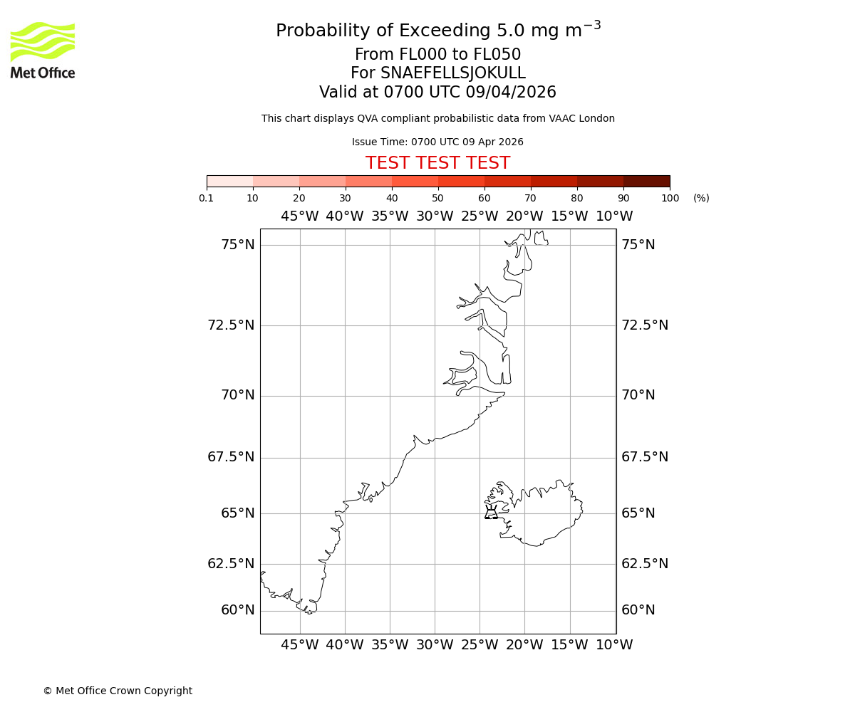 Probability of exceeding 5.0 milligrams per metre cubed. From 000 to 050 for SNAEFELLSJOKULL. Valid at 0700 UTC 09/04/2026