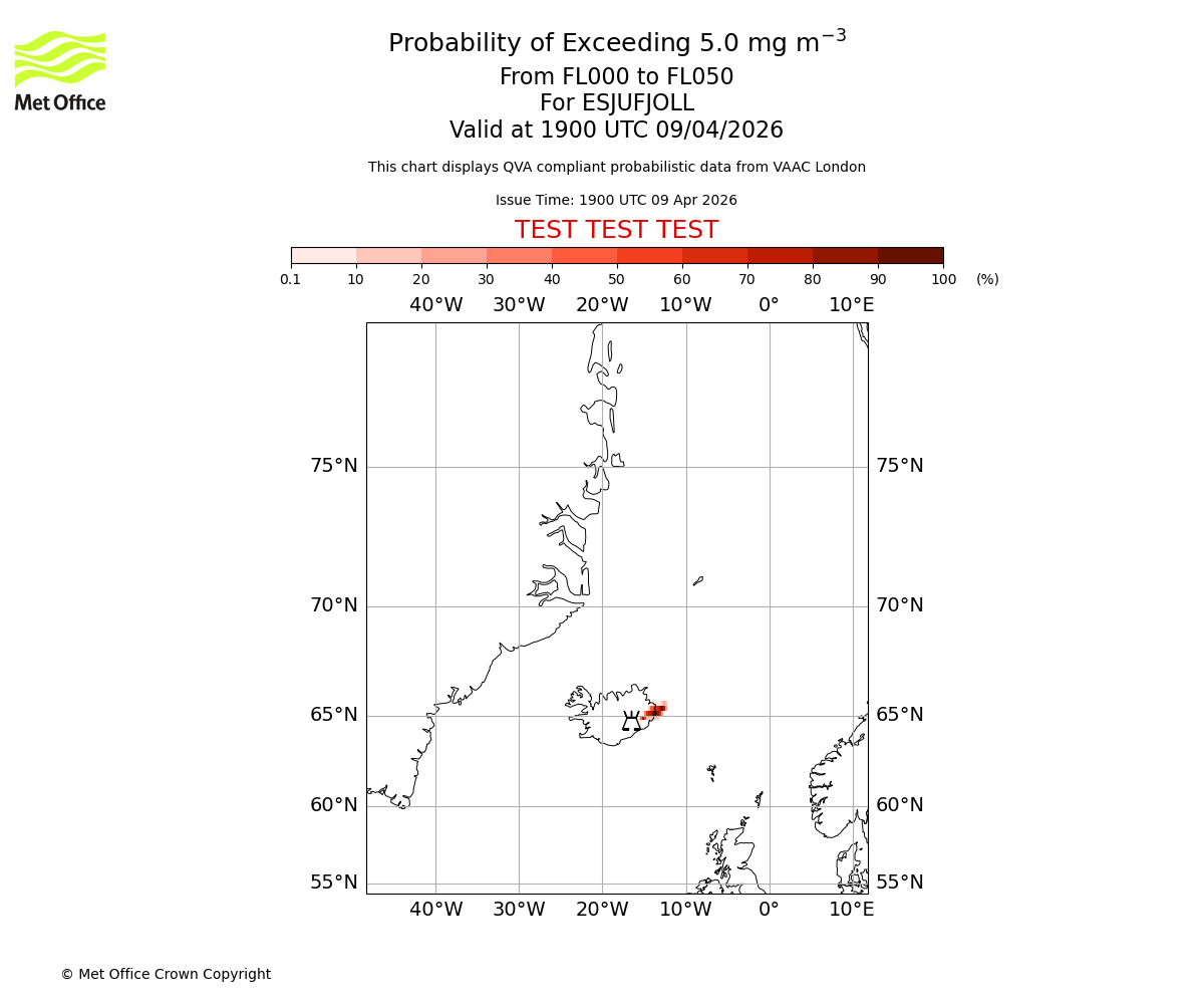 Probability of exceeding 5.0 milligrams per metre cubed. From 000 to 050 for ESJUFJOLL. Valid at 1900 UTC 09/04/2026