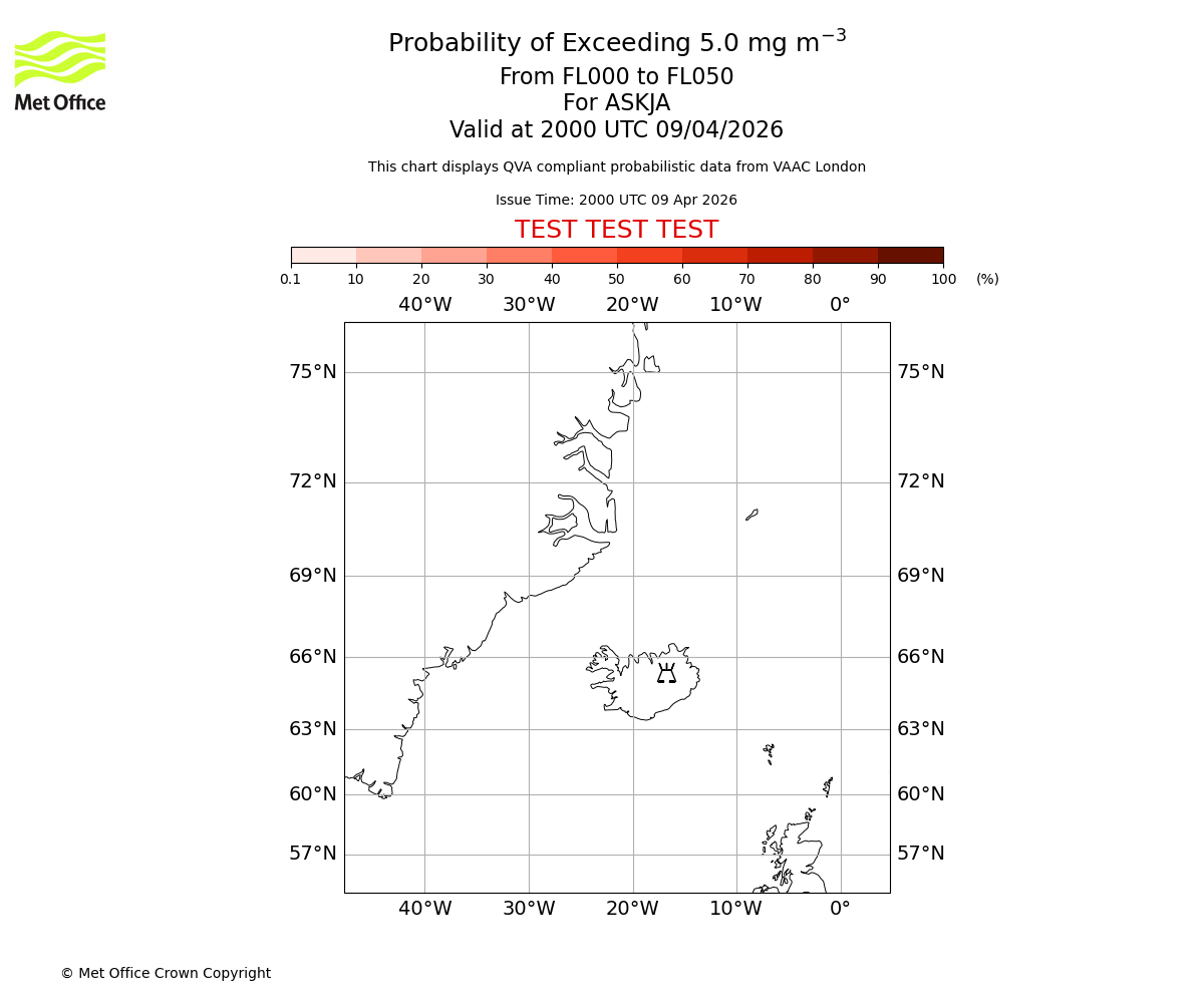 Probability of exceeding 5.0 milligrams per metre cubed. From 000 to 050 for ASKJA. Valid at 2000 UTC 09/04/2026