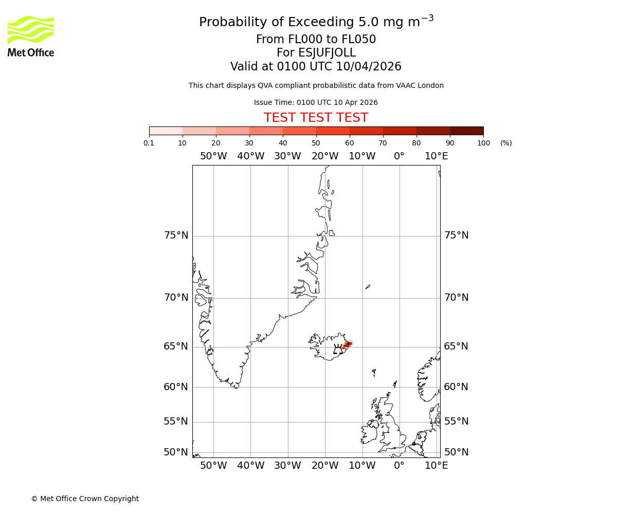Probability of exceeding 5.0 milligrams per metre cubed. From 000 to 050 for ESJUFJOLL. Valid at 0100 UTC 10/04/2026
