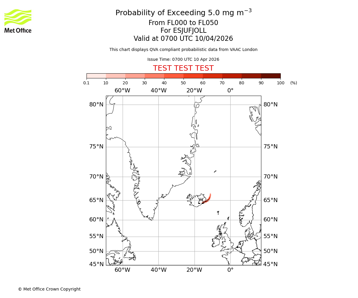 Probability of exceeding 5.0 milligrams per metre cubed. From 000 to 050 for ESJUFJOLL. Valid at 0700 UTC 10/04/2026