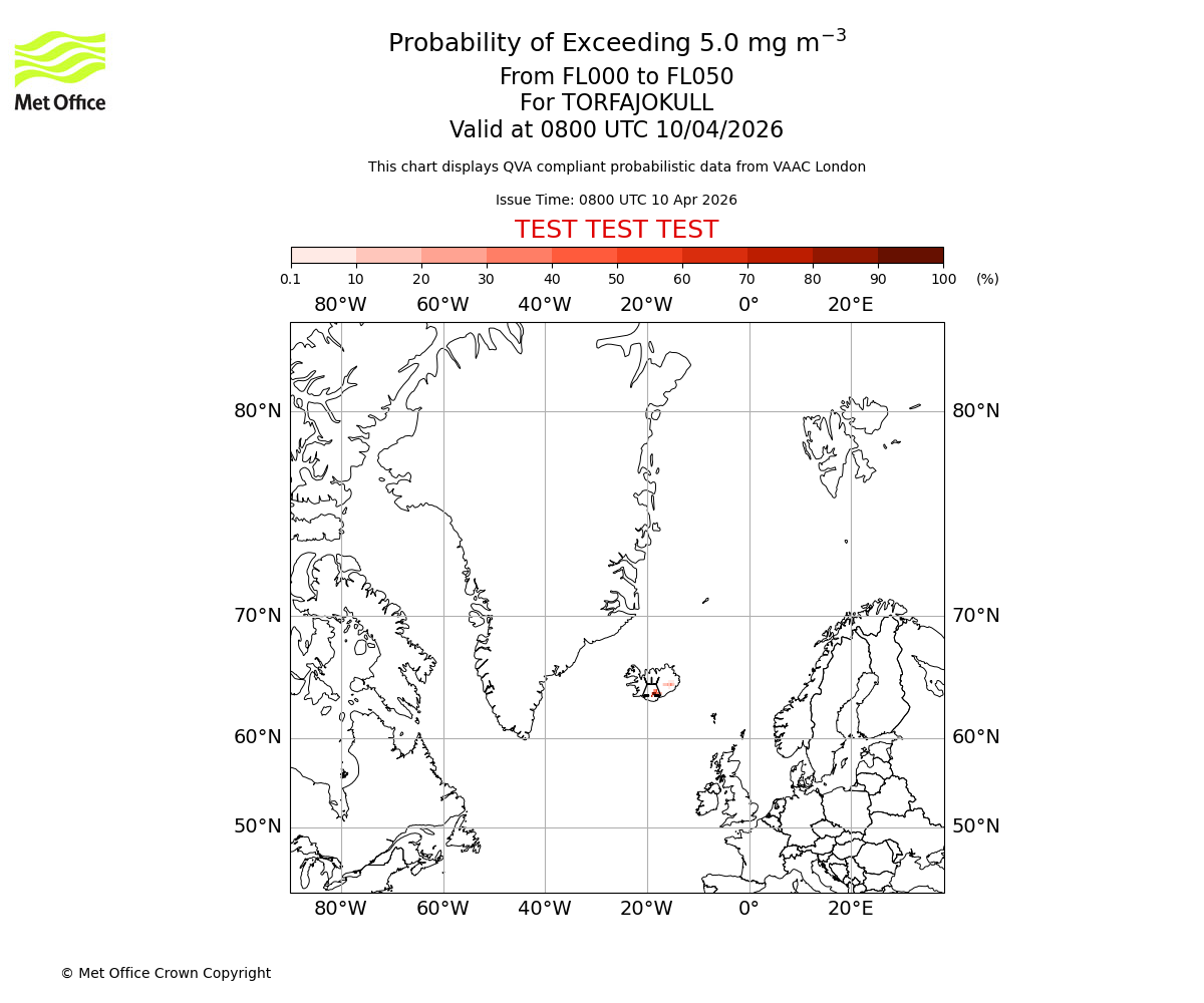 Probability of exceeding 5.0 milligrams per metre cubed. From 000 to 050 for TORFAJOKULL. Valid at 0800 UTC 10/04/2026