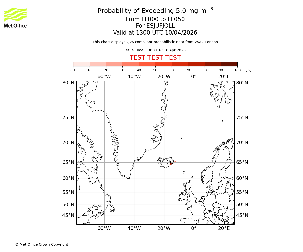 Probability of exceeding 5.0 milligrams per metre cubed. From 000 to 050 for ESJUFJOLL. Valid at 1300 UTC 10/04/2026