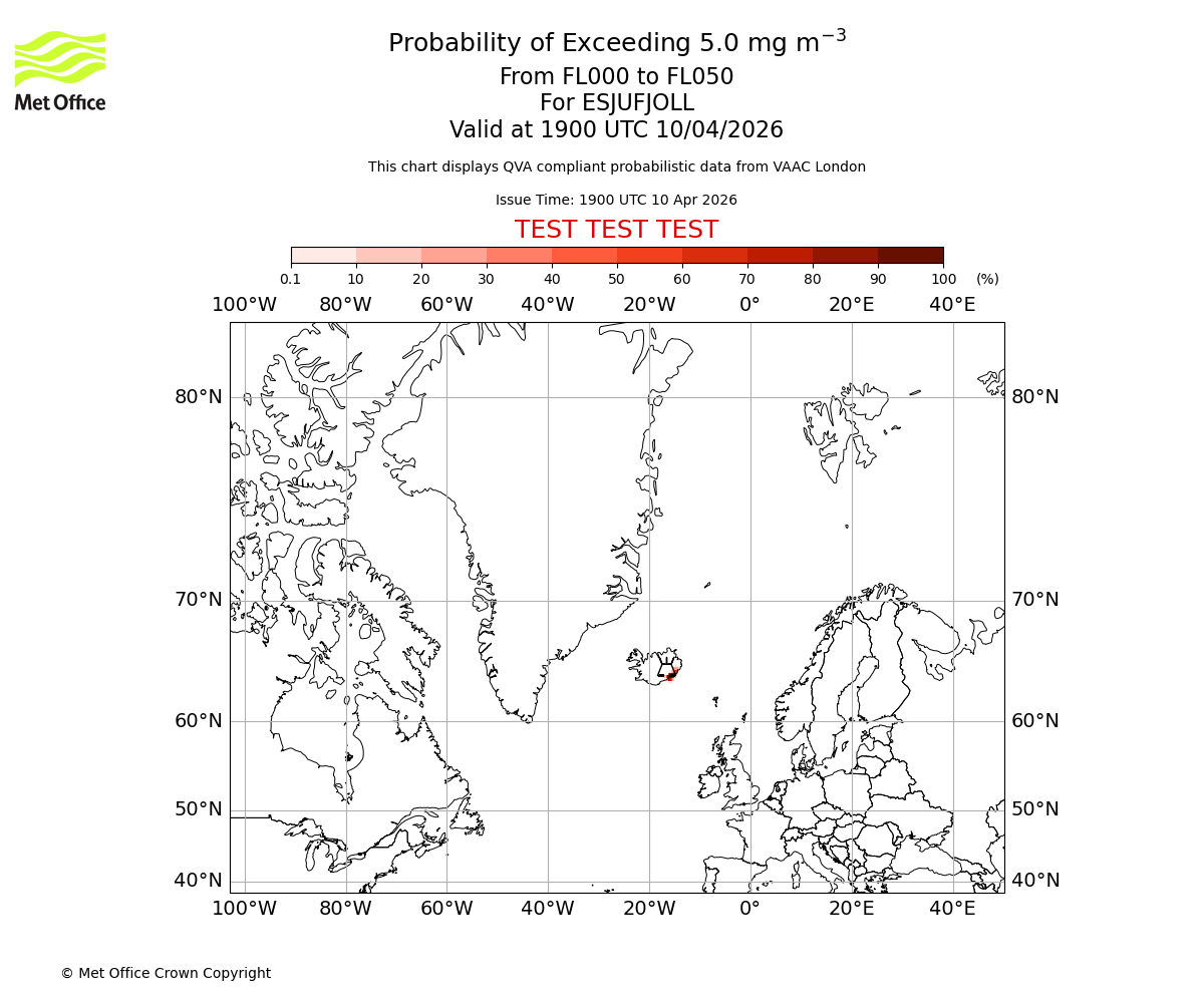 Probability of exceeding 5.0 milligrams per metre cubed. From 000 to 050 for ESJUFJOLL. Valid at 1900 UTC 10/04/2026