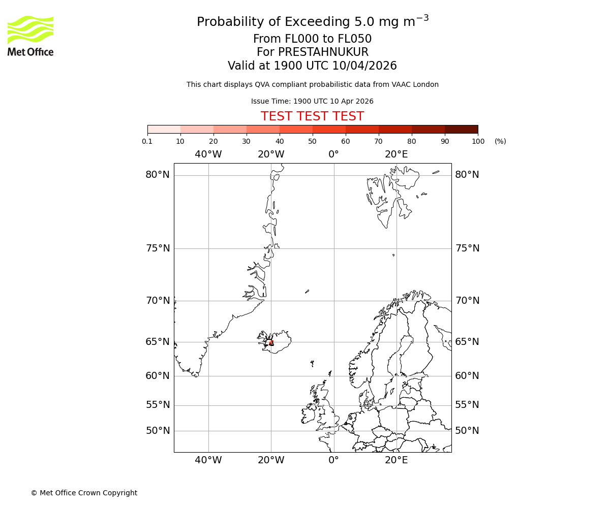 Probability of exceeding 5.0 milligrams per metre cubed. From 000 to 050 for PRESTAHNUKUR. Valid at 1900 UTC 10/04/2026