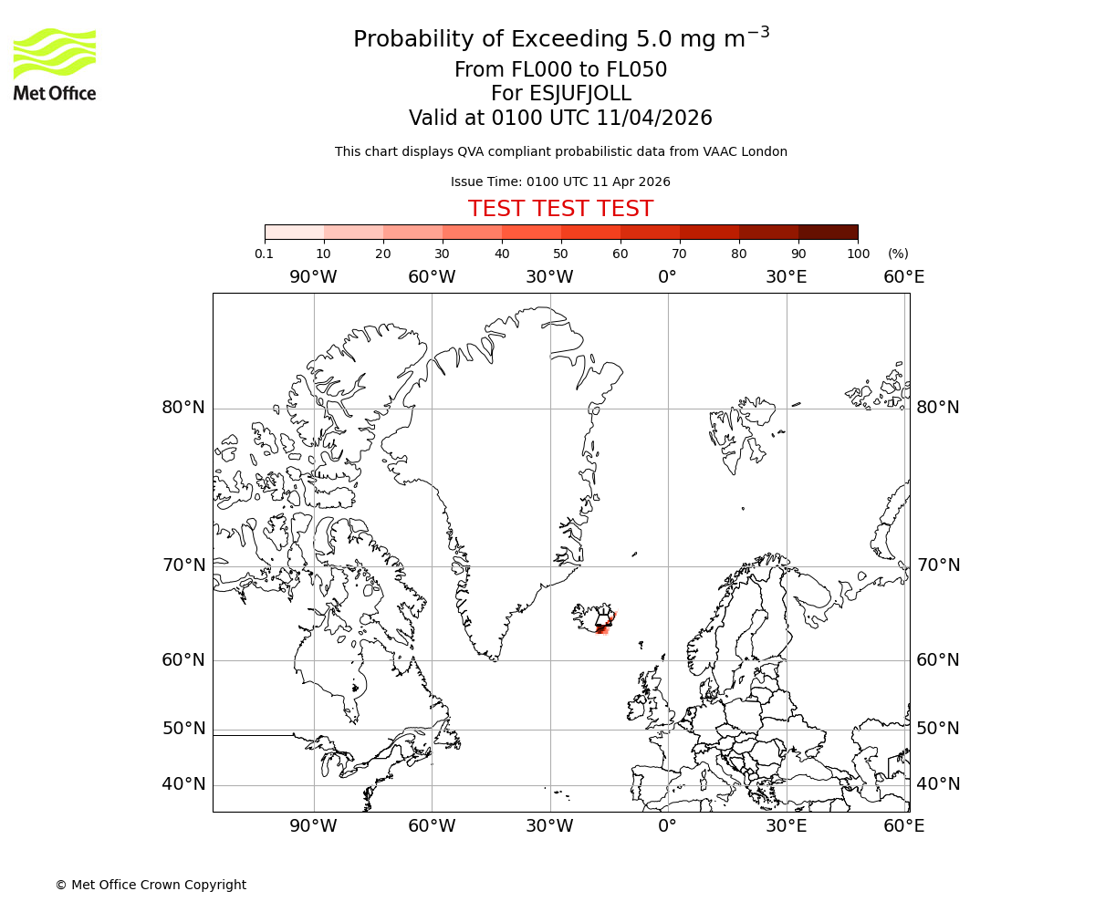 Probability of exceeding 5.0 milligrams per metre cubed. From 000 to 050 for ESJUFJOLL. Valid at 0100 UTC 11/04/2026