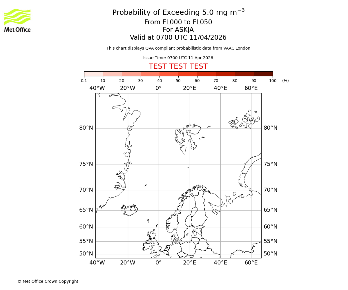 Probability of exceeding 5.0 milligrams per metre cubed. From 000 to 050 for ASKJA. Valid at 0700 UTC 11/04/2026
