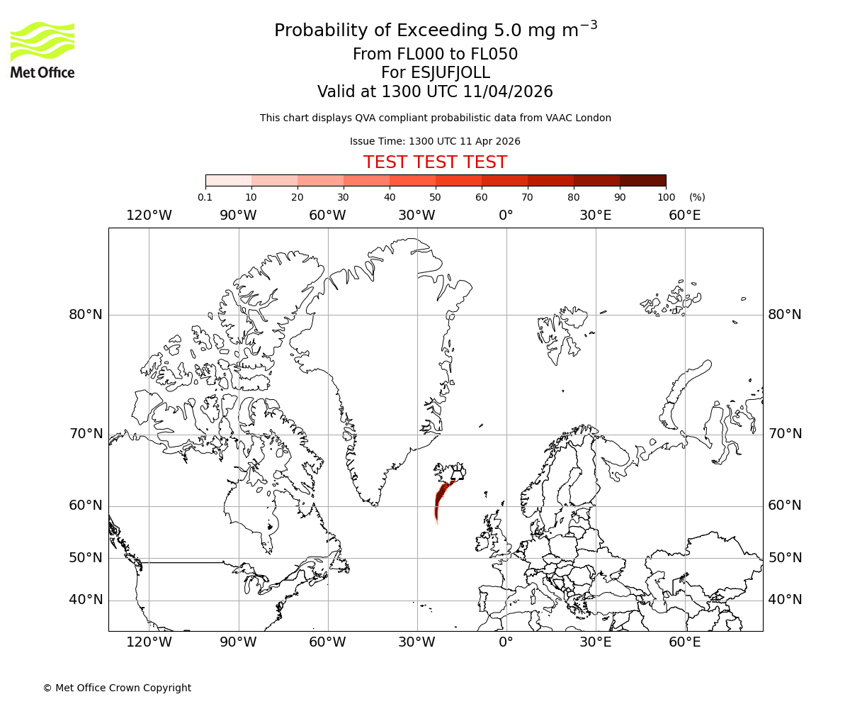 Probability of exceeding 5.0 milligrams per metre cubed. From 000 to 050 for ESJUFJOLL. Valid at 1300 UTC 11/04/2026