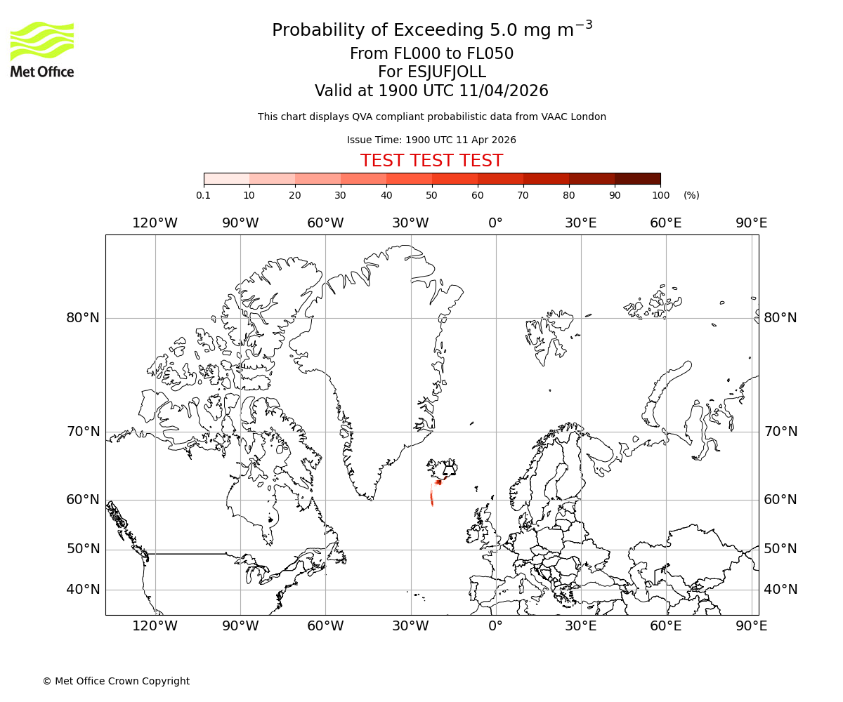 Probability of exceeding 5.0 milligrams per metre cubed. From 000 to 050 for ESJUFJOLL. Valid at 1900 UTC 11/04/2026