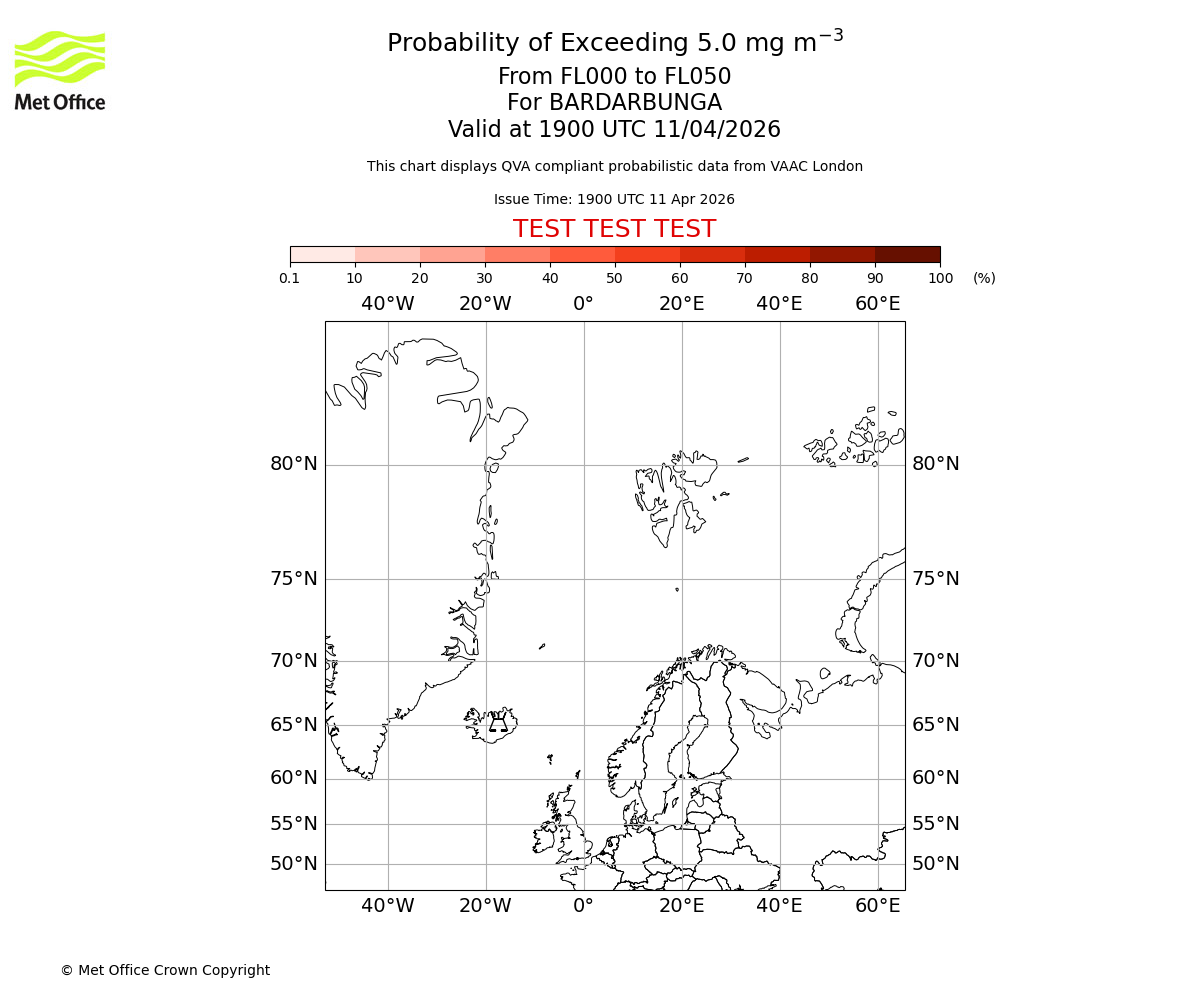 Probability of exceeding 5.0 milligrams per metre cubed. From 000 to 050 for BARDARBUNGA. Valid at 1900 UTC 11/04/2026