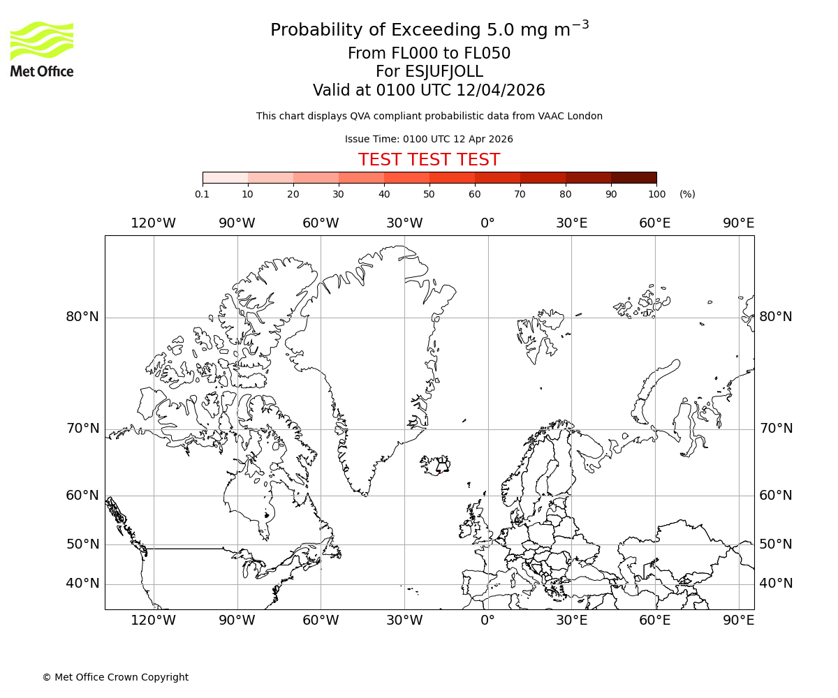 Probability of exceeding 5.0 milligrams per metre cubed. From 000 to 050 for ESJUFJOLL. Valid at 0100 UTC 12/04/2026