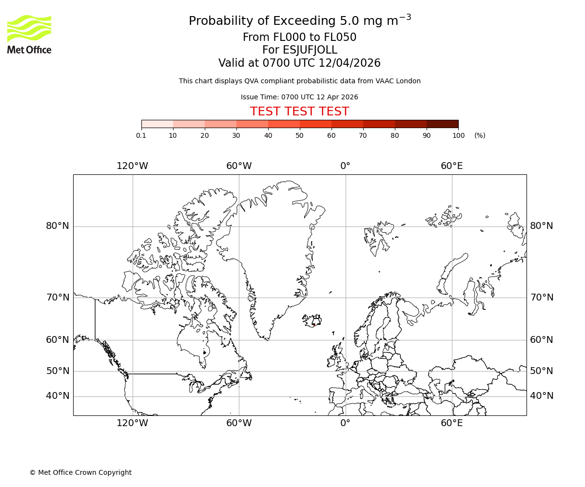 Probability of exceeding 5.0 milligrams per metre cubed. From 000 to 050 for ESJUFJOLL. Valid at 0700 UTC 12/04/2026