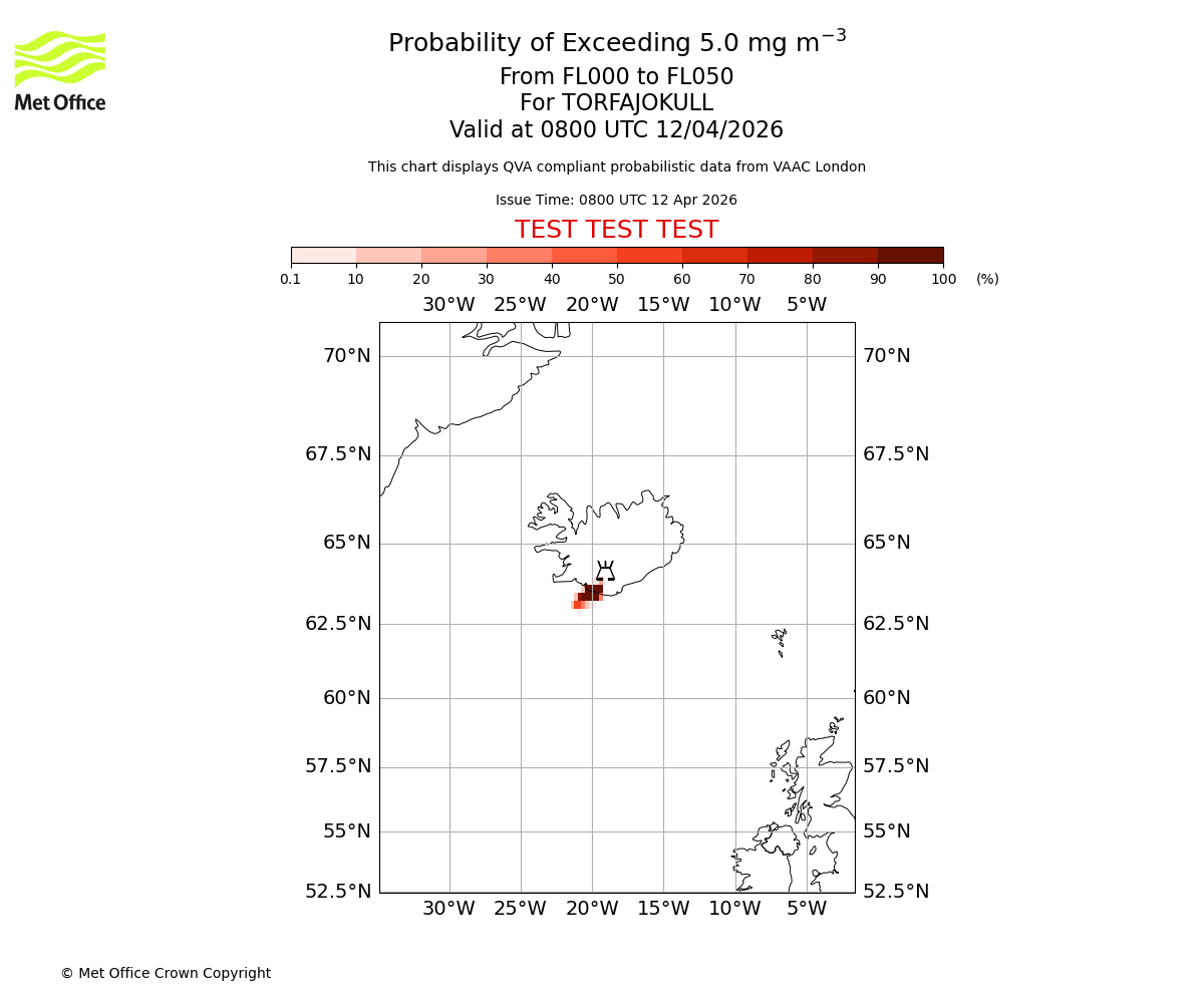 Probability of exceeding 5.0 milligrams per metre cubed. From 000 to 050 for TORFAJOKULL. Valid at 0800 UTC 12/04/2026