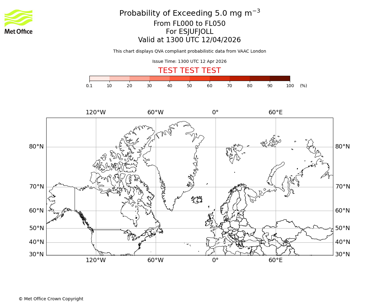 Probability of exceeding 5.0 milligrams per metre cubed. From 000 to 050 for ESJUFJOLL. Valid at 1300 UTC 12/04/2026
