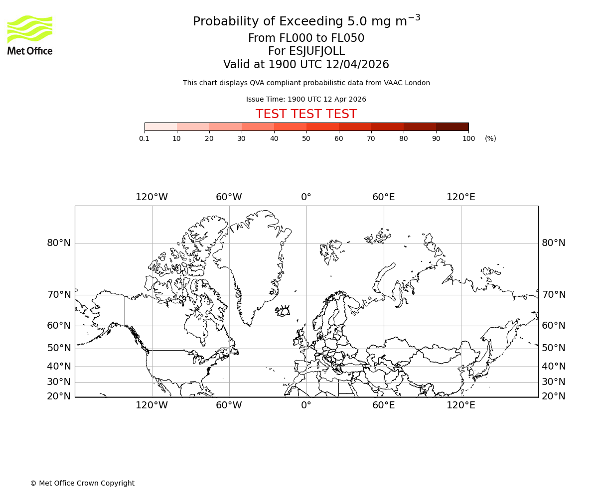Probability of exceeding 5.0 milligrams per metre cubed. From 000 to 050 for ESJUFJOLL. Valid at 1900 UTC 12/04/2026