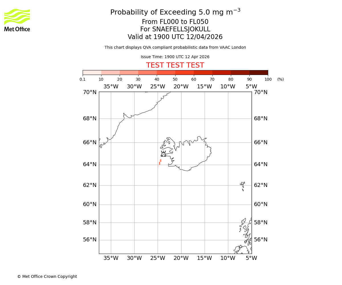 Probability of exceeding 5.0 milligrams per metre cubed. From 000 to 050 for SNAEFELLSJOKULL. Valid at 1900 UTC 12/04/2026