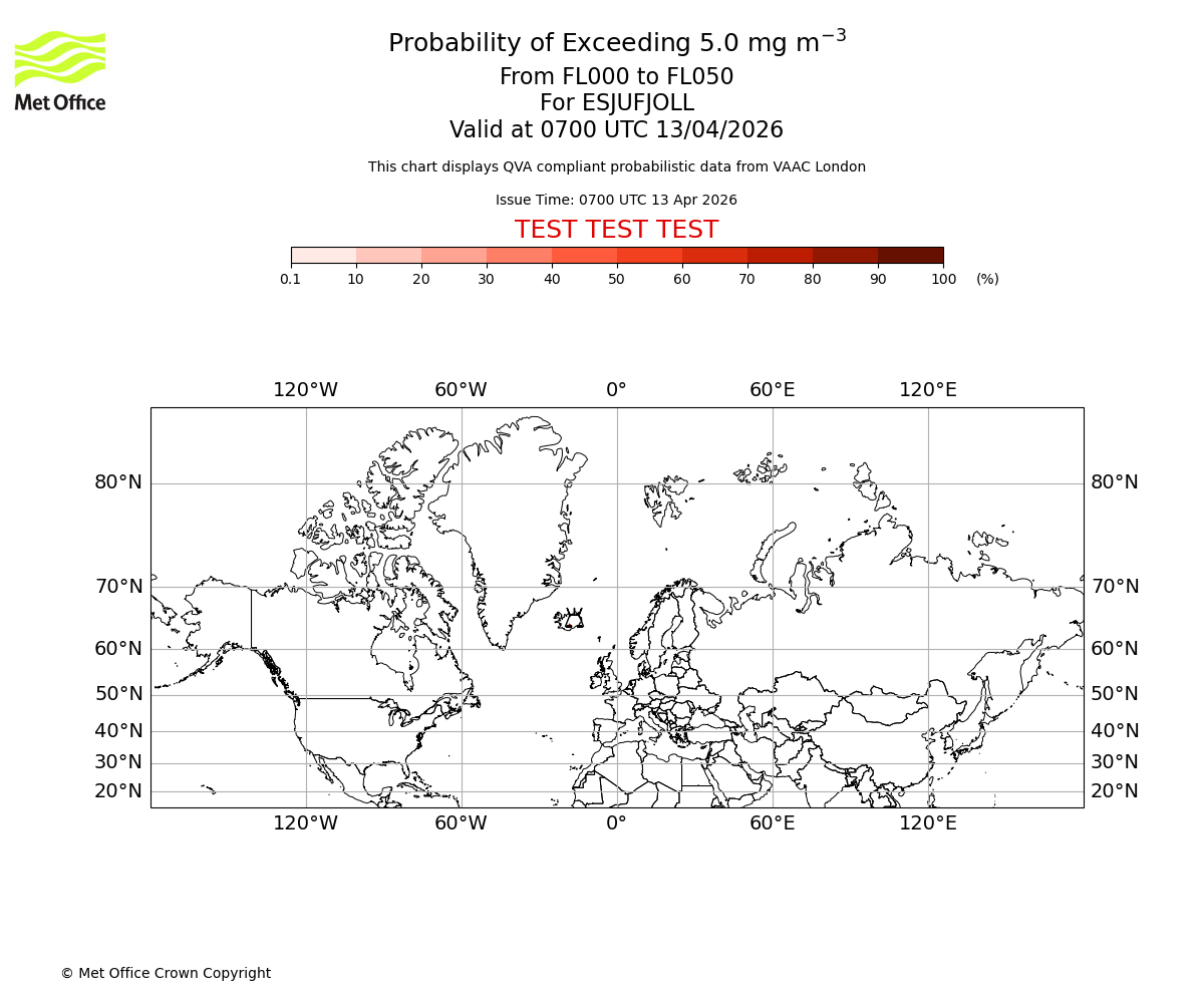 Probability of exceeding 5.0 milligrams per metre cubed. From 000 to 050 for ESJUFJOLL. Valid at 0700 UTC 13/04/2026