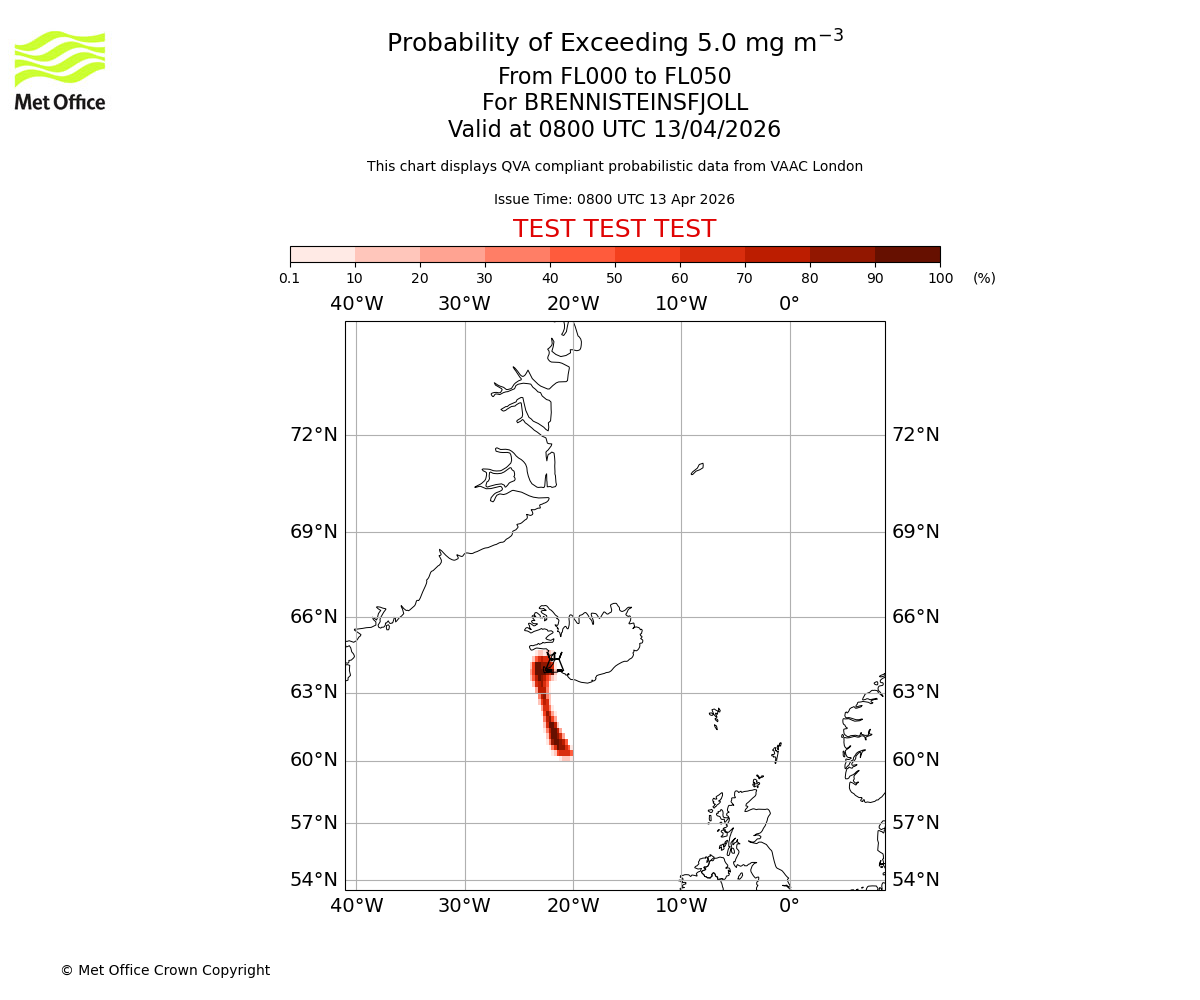 Probability of exceeding 5.0 milligrams per metre cubed. From 000 to 050 for BRENNISTEINSFJOLL. Valid at 0800 UTC 13/04/2026