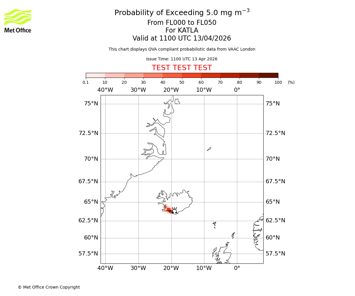 Probability of exceeding 5.0 milligrams per metre cubed. From 000 to 050 for KATLA. Valid at 1100 UTC 13/04/2026