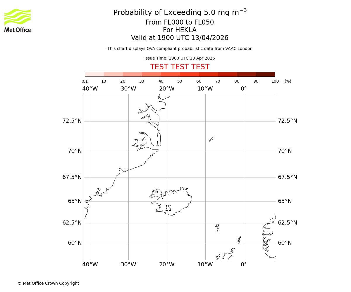 Probability of exceeding 5.0 milligrams per metre cubed. From 000 to 050 for HEKLA. Valid at 1900 UTC 13/04/2026