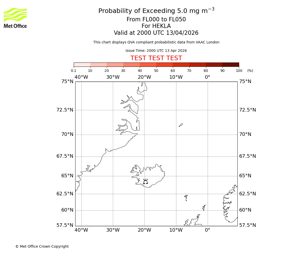 Probability of exceeding 5.0 milligrams per metre cubed. From 000 to 050 for HEKLA. Valid at 2000 UTC 13/04/2026