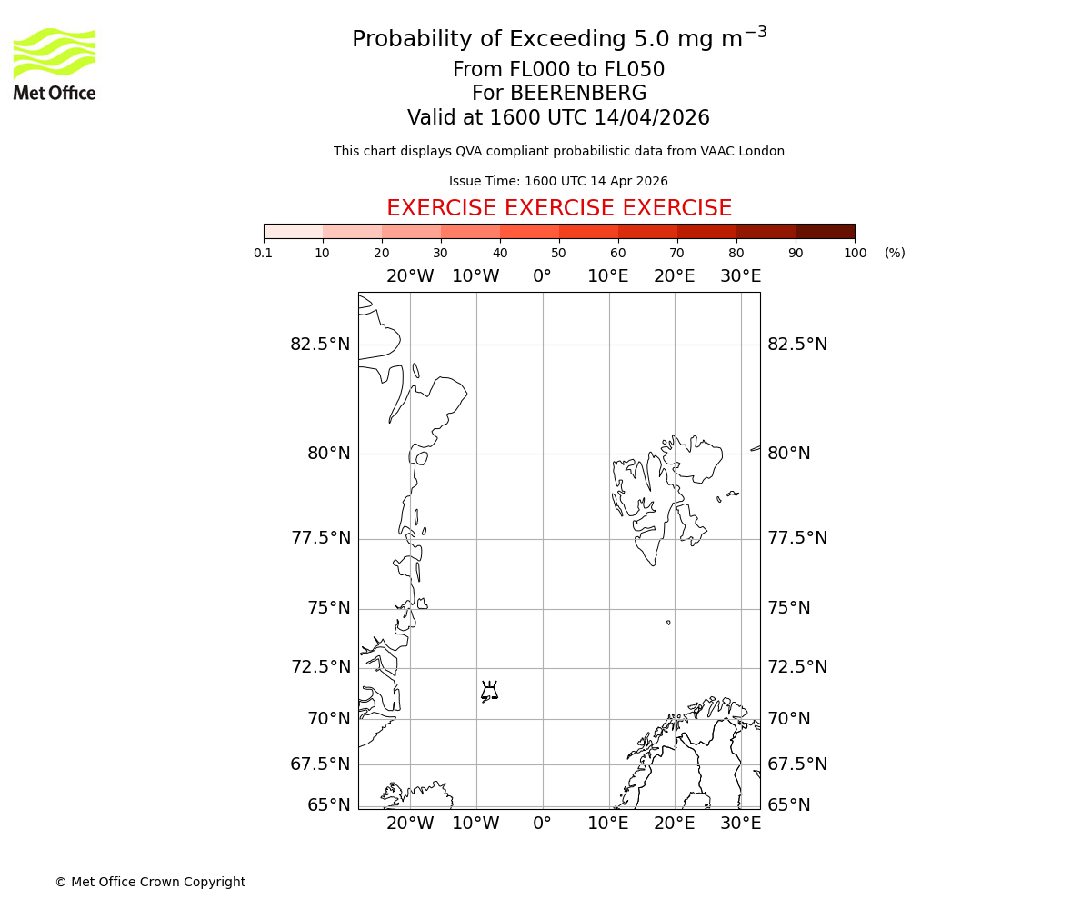 Probability of exceeding 5.0 milligrams per metre cubed. From 000 to 050 for BEERENBERG. Valid at 1600 UTC 14/04/2026