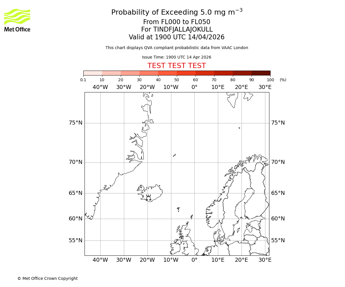 Probability of exceeding 5.0 milligrams per metre cubed. From 000 to 050 for TINDFJALLAJOKULL. Valid at 1900 UTC 14/04/2026
