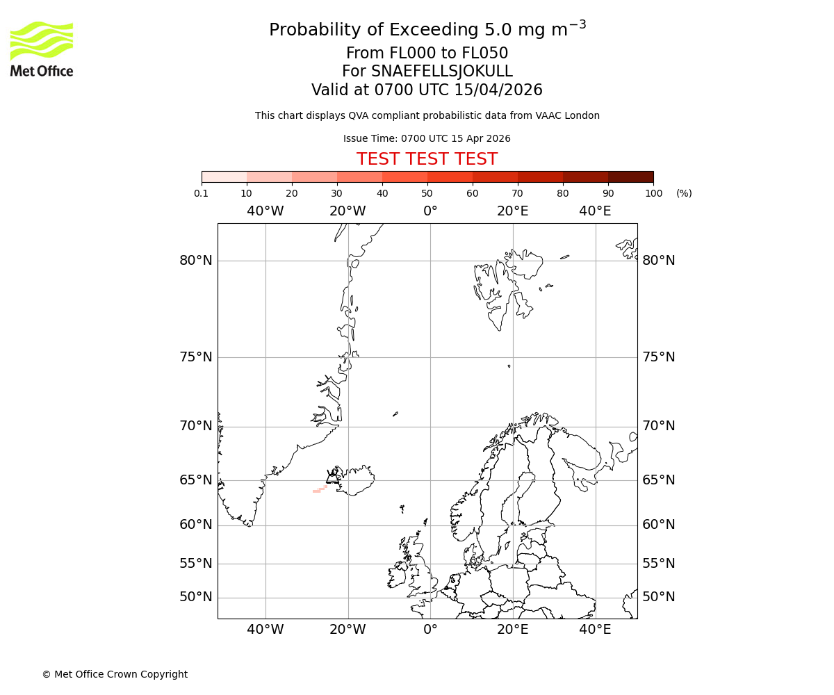Probability of exceeding 5.0 milligrams per metre cubed. From 000 to 050 for SNAEFELLSJOKULL. Valid at 0700 UTC 15/04/2026
