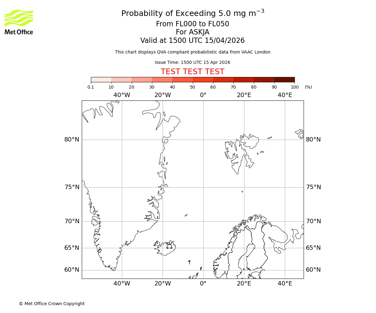 Probability of exceeding 5.0 milligrams per metre cubed. From 000 to 050 for ASKJA. Valid at 1500 UTC 15/04/2026