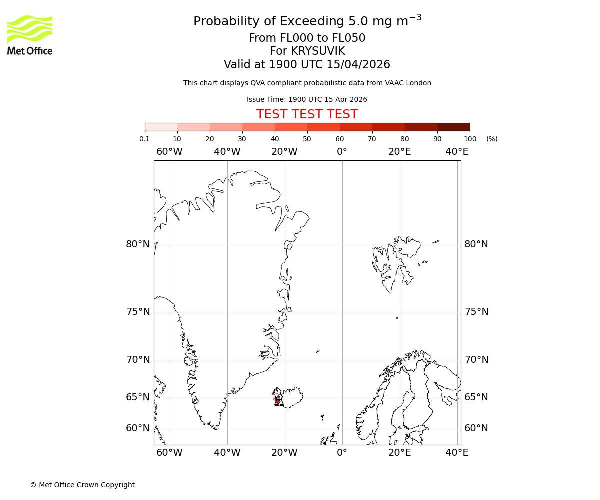Probability of exceeding 5.0 milligrams per metre cubed. From 000 to 050 for KRYSUVIK. Valid at 1900 UTC 15/04/2026