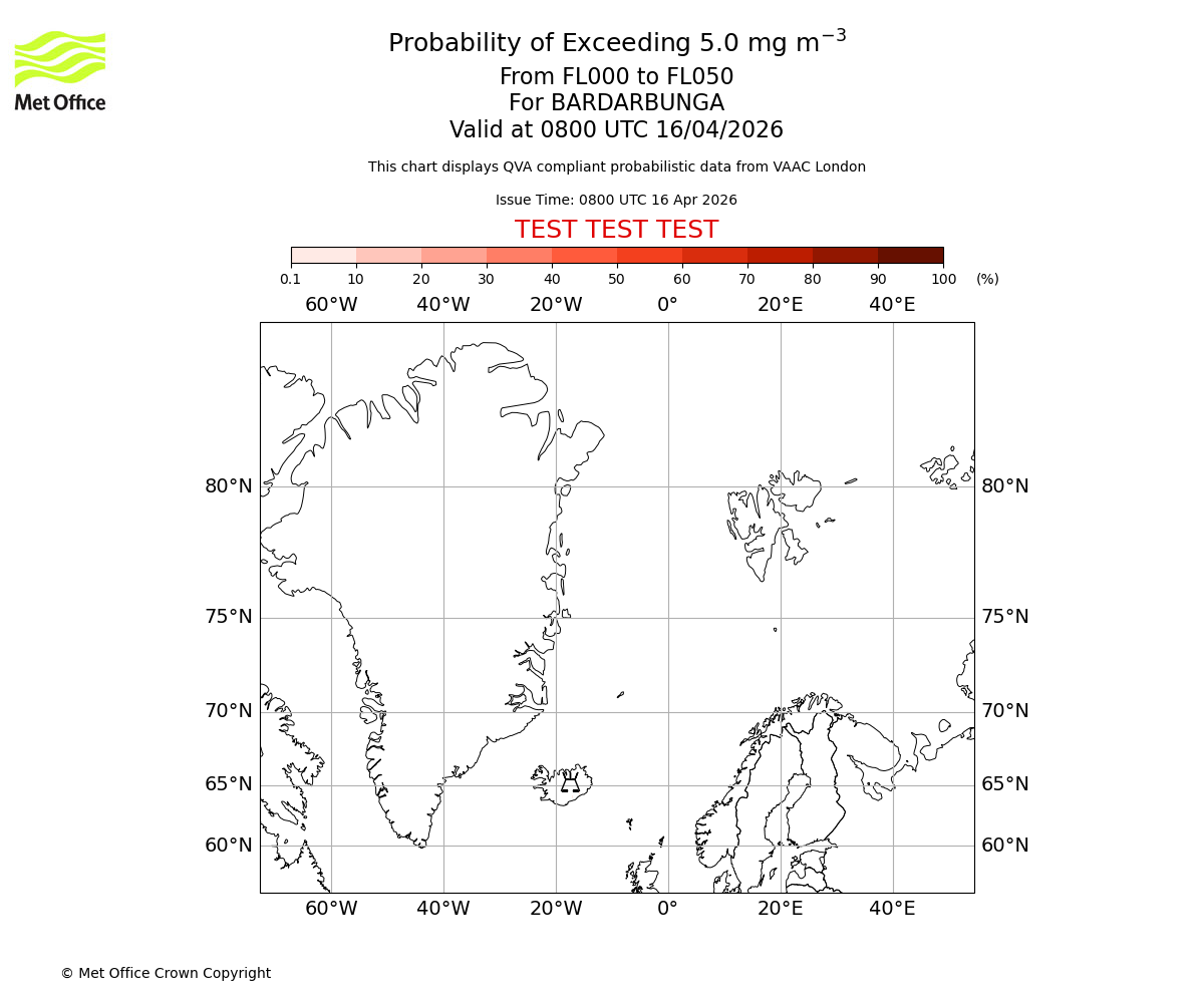 Probability of exceeding 5.0 milligrams per metre cubed. From 000 to 050 for BARDARBUNGA. Valid at 0800 UTC 16/04/2026