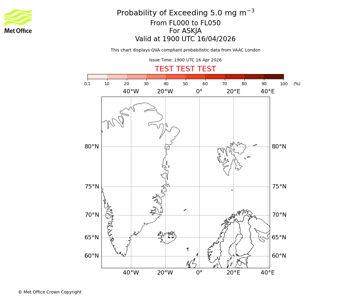 Probability of exceeding 5.0 milligrams per metre cubed. From 000 to 050 for ASKJA. Valid at 1900 UTC 16/04/2026