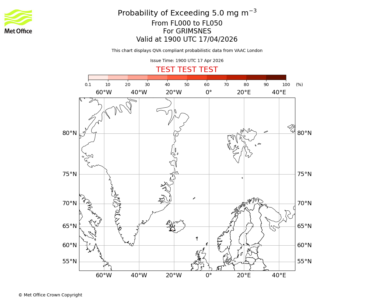 Probability of exceeding 5.0 milligrams per metre cubed. From 000 to 050 for GRIMSNES. Valid at 1900 UTC 17/04/2026