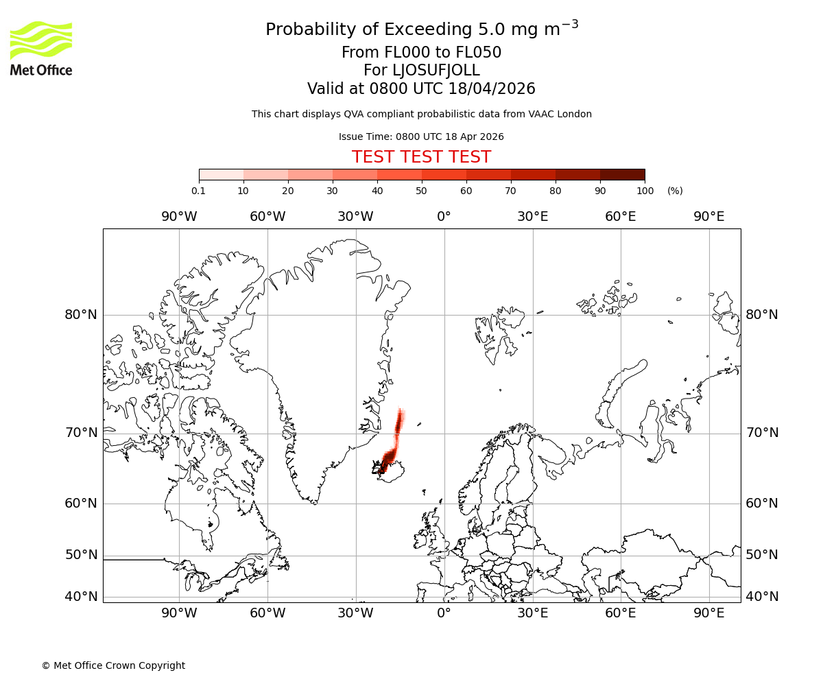 Probability of exceeding 5.0 milligrams per metre cubed. From 000 to 050 for LJOSUFJOLL. Valid at 0800 UTC 18/04/2026