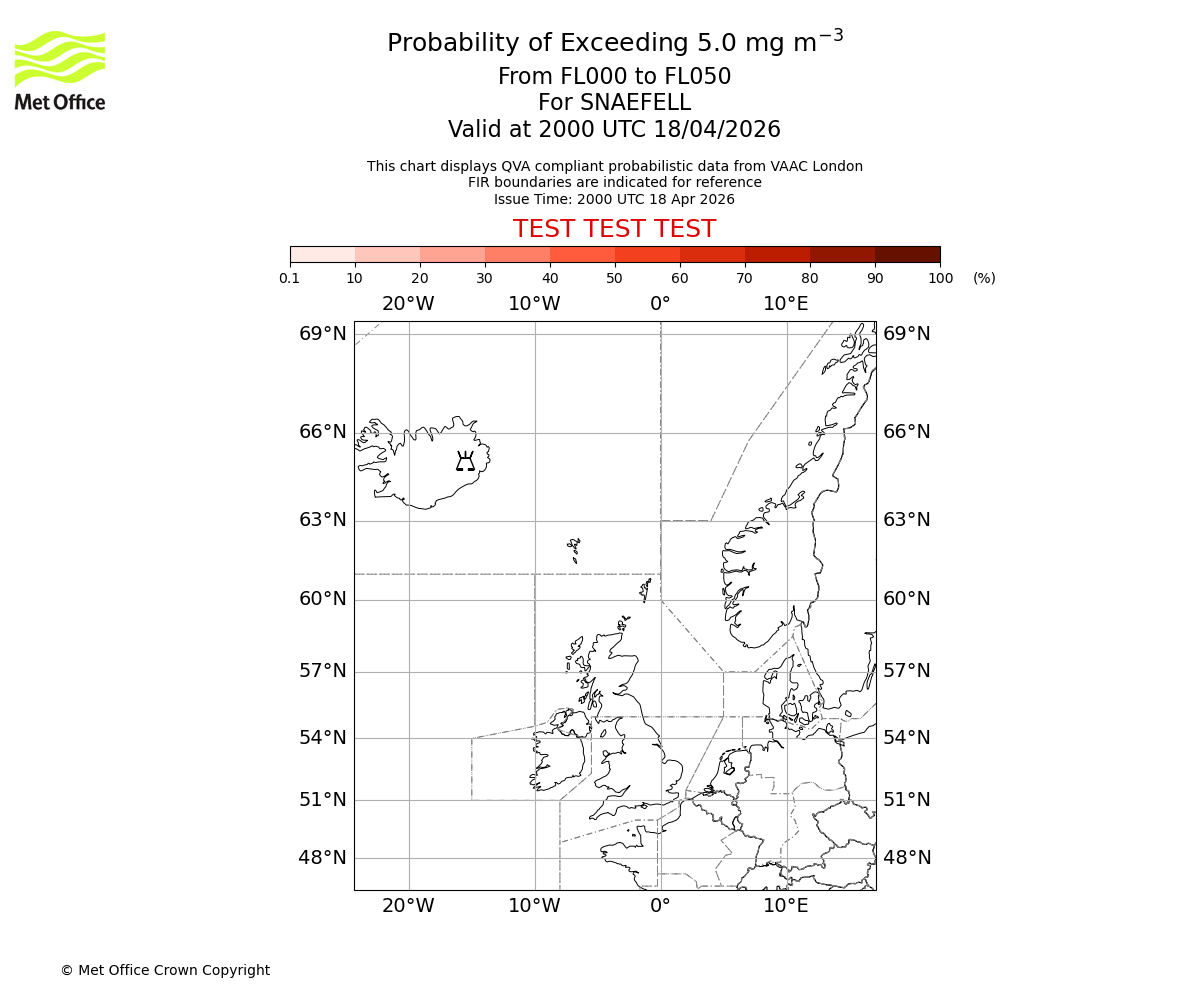 Probability of exceeding 5.0 milligrams per metre cubed. From 000 to 050 for SNAEFELL. Valid at 2000 UTC 18/04/2026