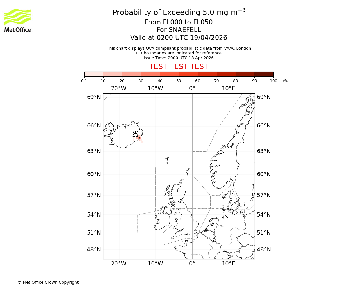Probability of exceeding 5.0 milligrams per metre cubed. From 000 to 050 for SNAEFELL. Valid at 0200 UTC 19/04/2026