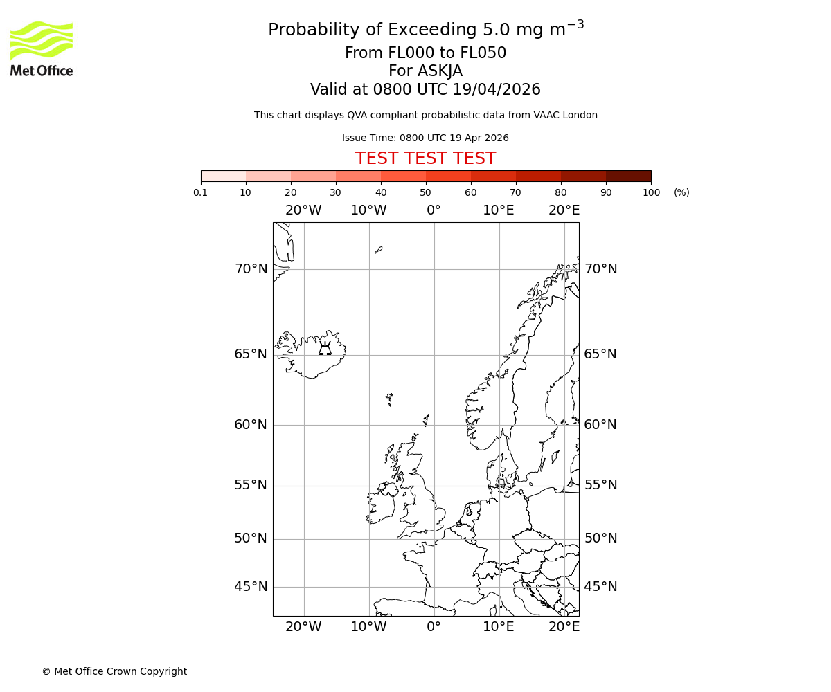 Probability of exceeding 5.0 milligrams per metre cubed. From 000 to 050 for ASKJA. Valid at 0800 UTC 19/04/2026