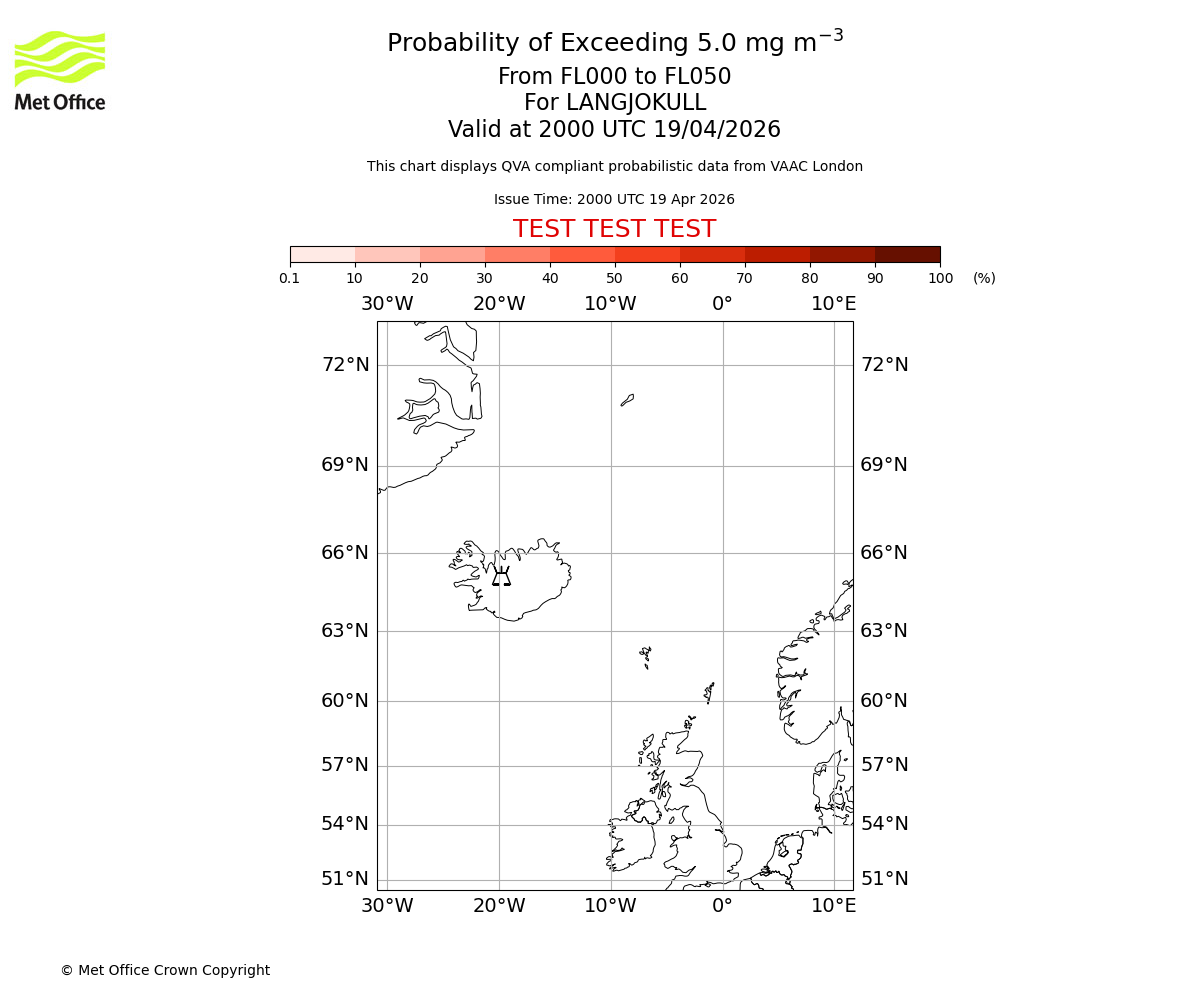 Probability of exceeding 5.0 milligrams per metre cubed. From 000 to 050 for LANGJOKULL. Valid at 2000 UTC 19/04/2026