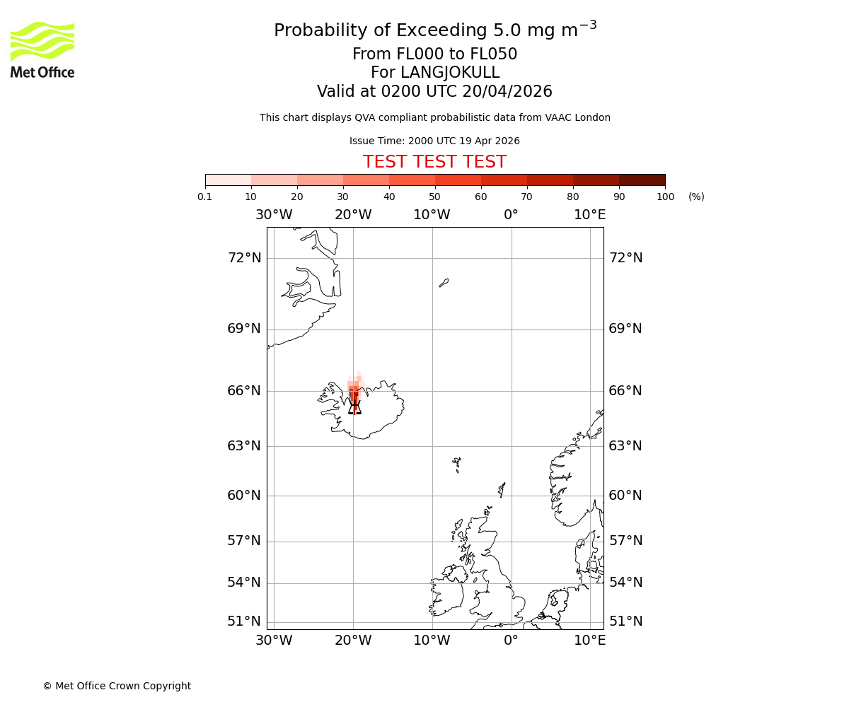 Probability of exceeding 5.0 milligrams per metre cubed. From 000 to 050 for LANGJOKULL. Valid at 0200 UTC 20/04/2026
