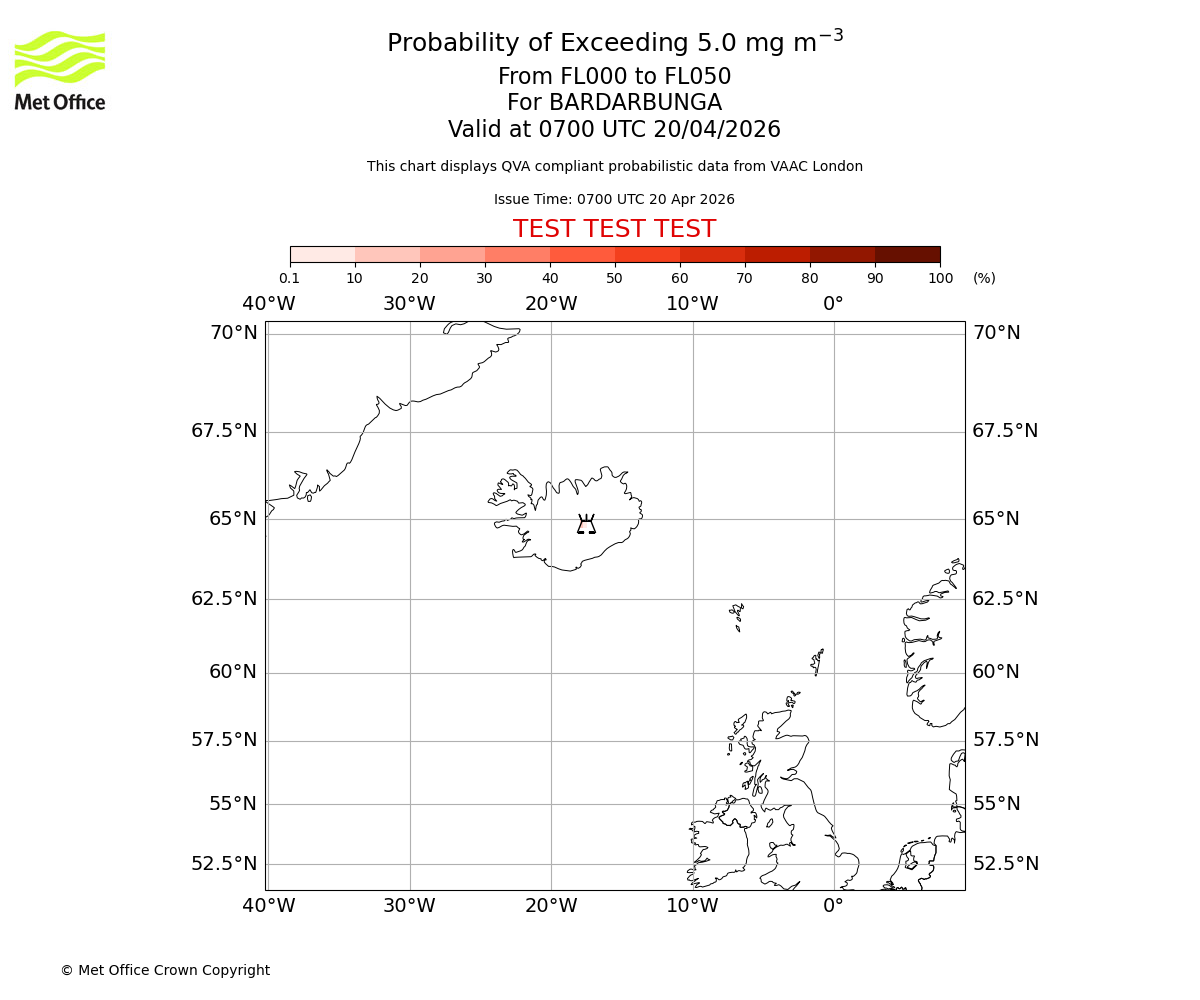 Probability of exceeding 5.0 milligrams per metre cubed. From 000 to 050 for BARDARBUNGA. Valid at 0700 UTC 20/04/2026