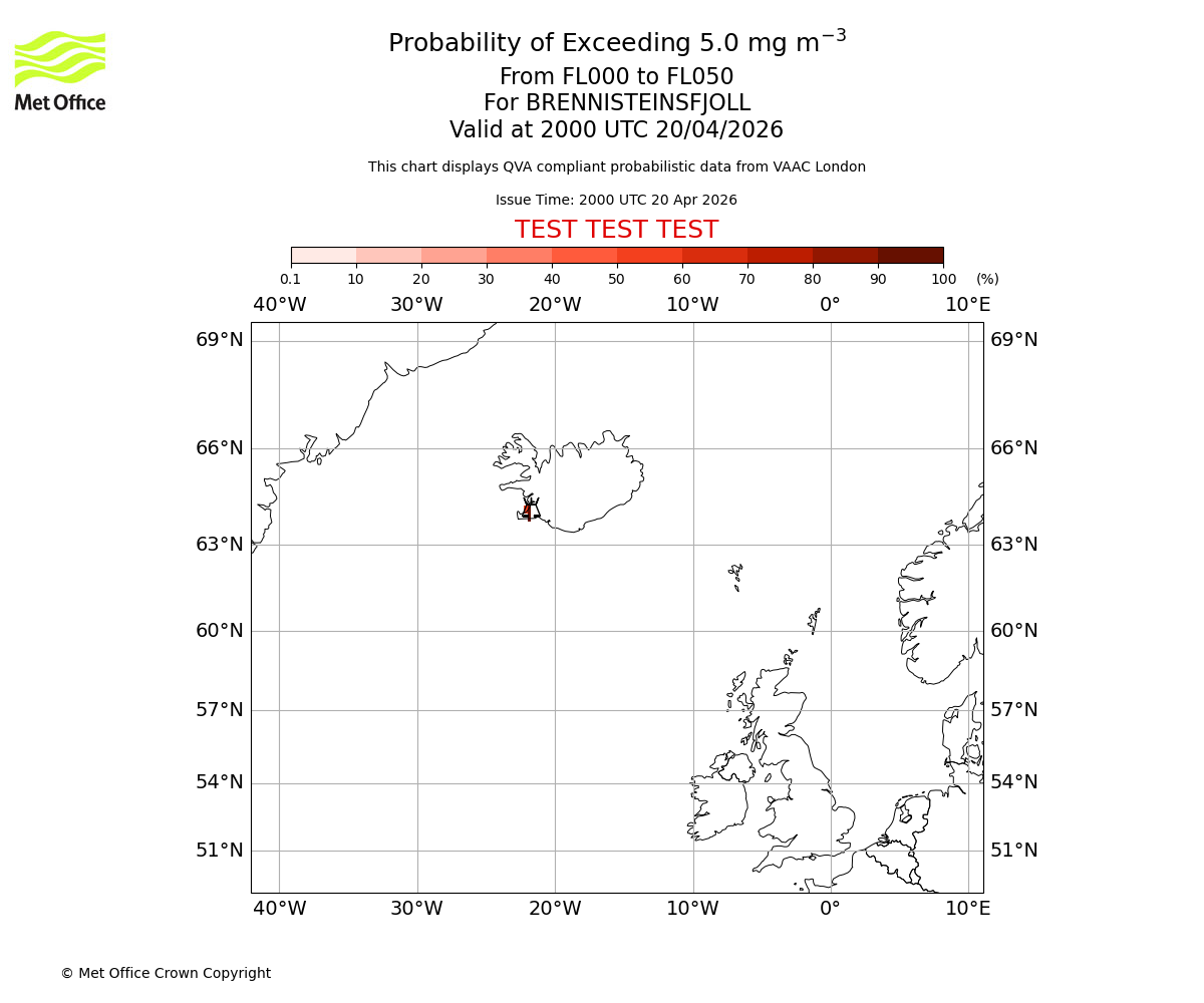 Probability of exceeding 5.0 milligrams per metre cubed. From 000 to 050 for BRENNISTEINSFJOLL. Valid at 2000 UTC 20/04/2026