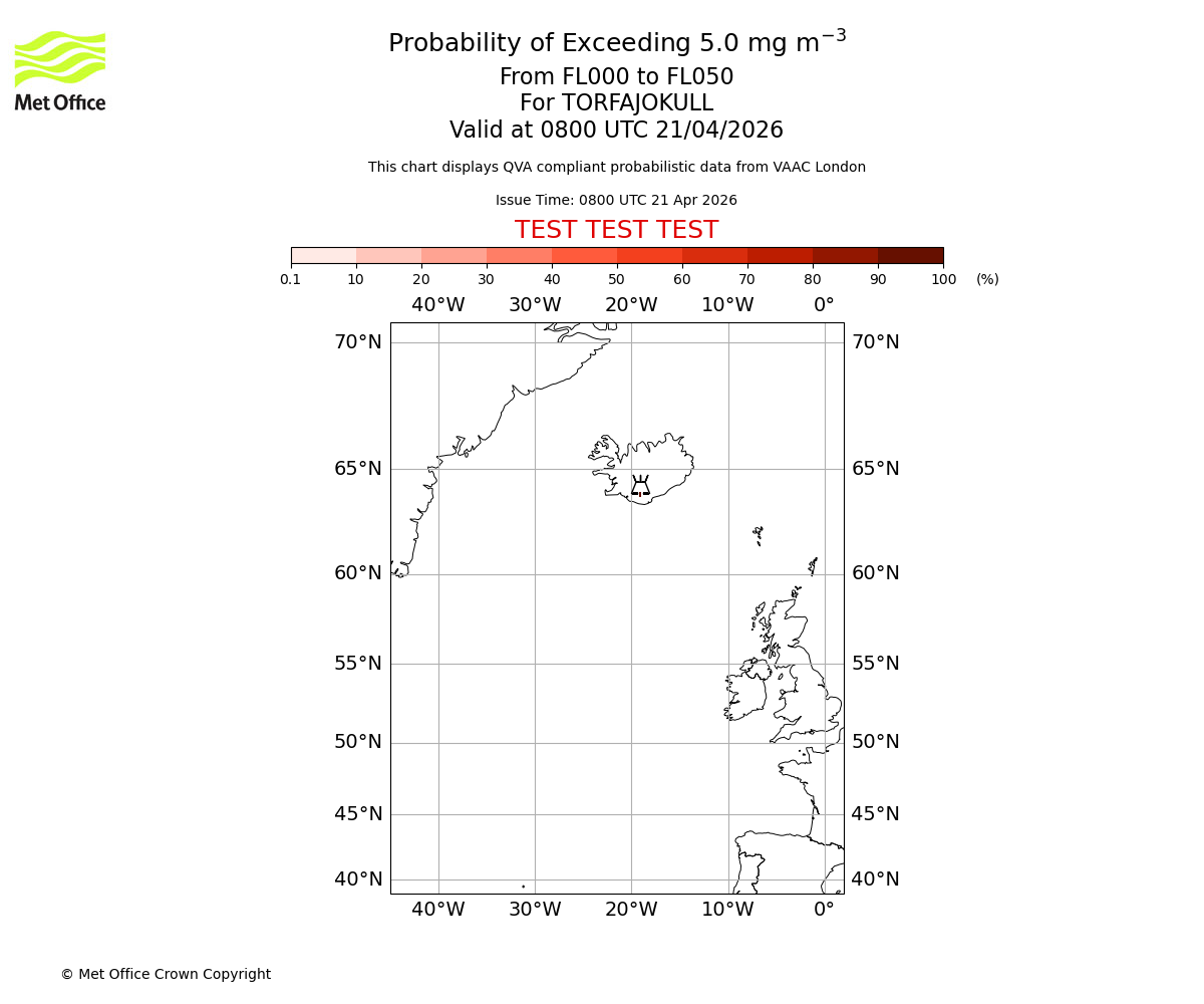 Probability of exceeding 5.0 milligrams per metre cubed. From 000 to 050 for TORFAJOKULL. Valid at 0800 UTC 21/04/2026