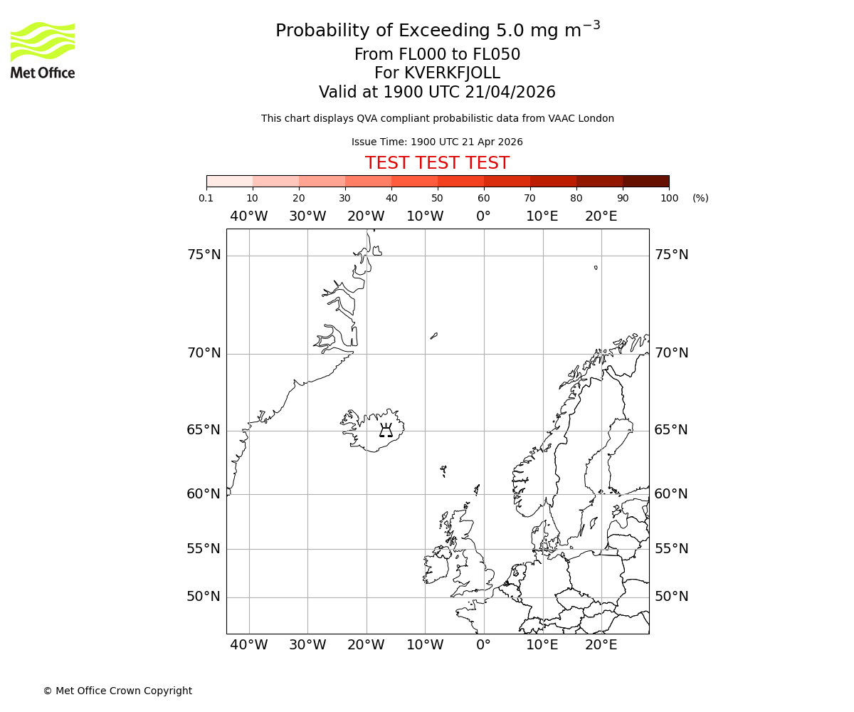 Probability of exceeding 5.0 milligrams per metre cubed. From 000 to 050 for KVERKFJOLL. Valid at 1900 UTC 21/04/2026