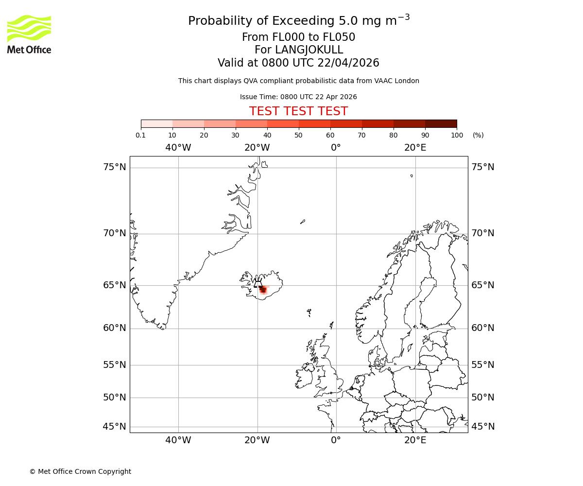 Probability of exceeding 5.0 milligrams per metre cubed. From 000 to 050 for LANGJOKULL. Valid at 0800 UTC 22/04/2026