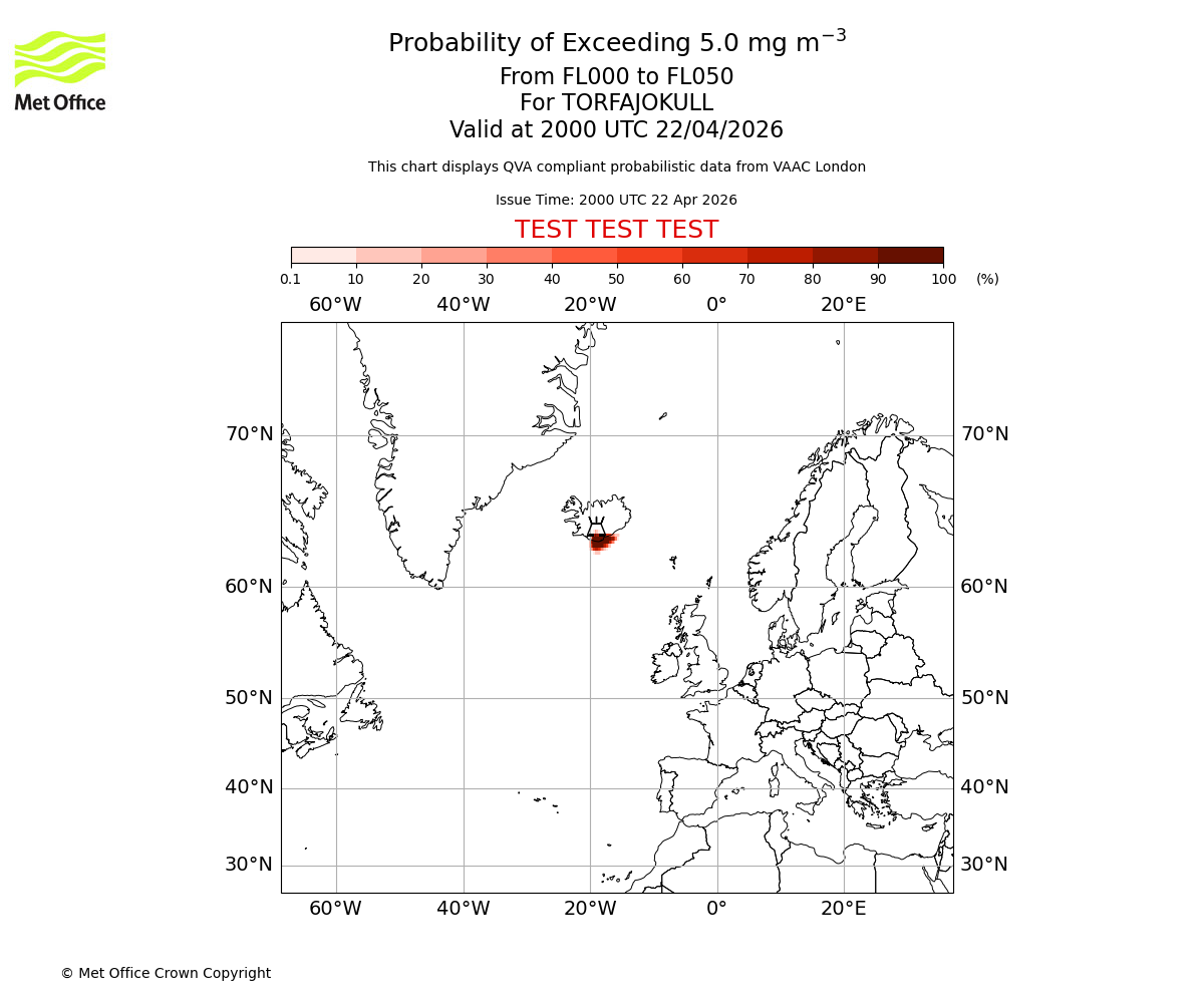 Probability of exceeding 5.0 milligrams per metre cubed. From 000 to 050 for TORFAJOKULL. Valid at 2000 UTC 22/04/2026