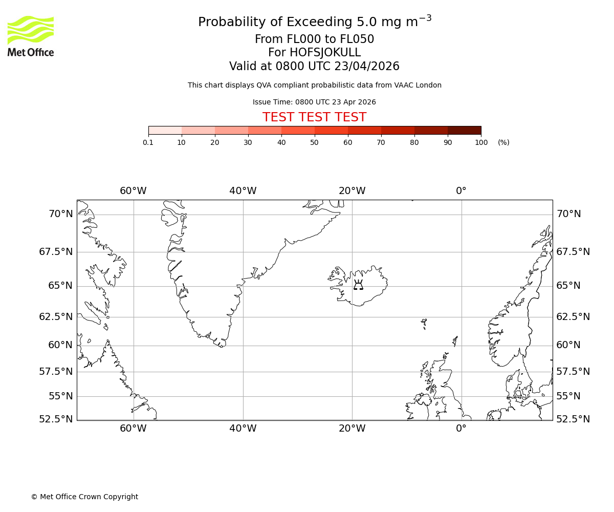 Probability of exceeding 5.0 milligrams per metre cubed. From 000 to 050 for HOFSJOKULL. Valid at 0800 UTC 23/04/2026